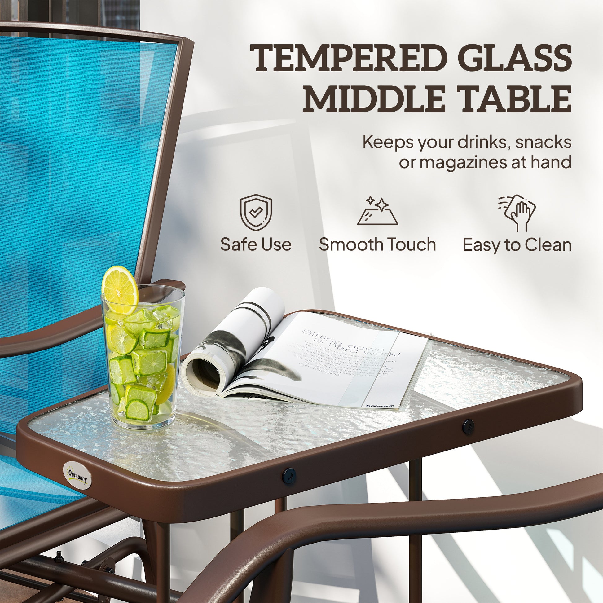 Outdoor 2-Seat Glider Chair with Table, Breathable Mesh Fabric, Blue-DECOROLALA
