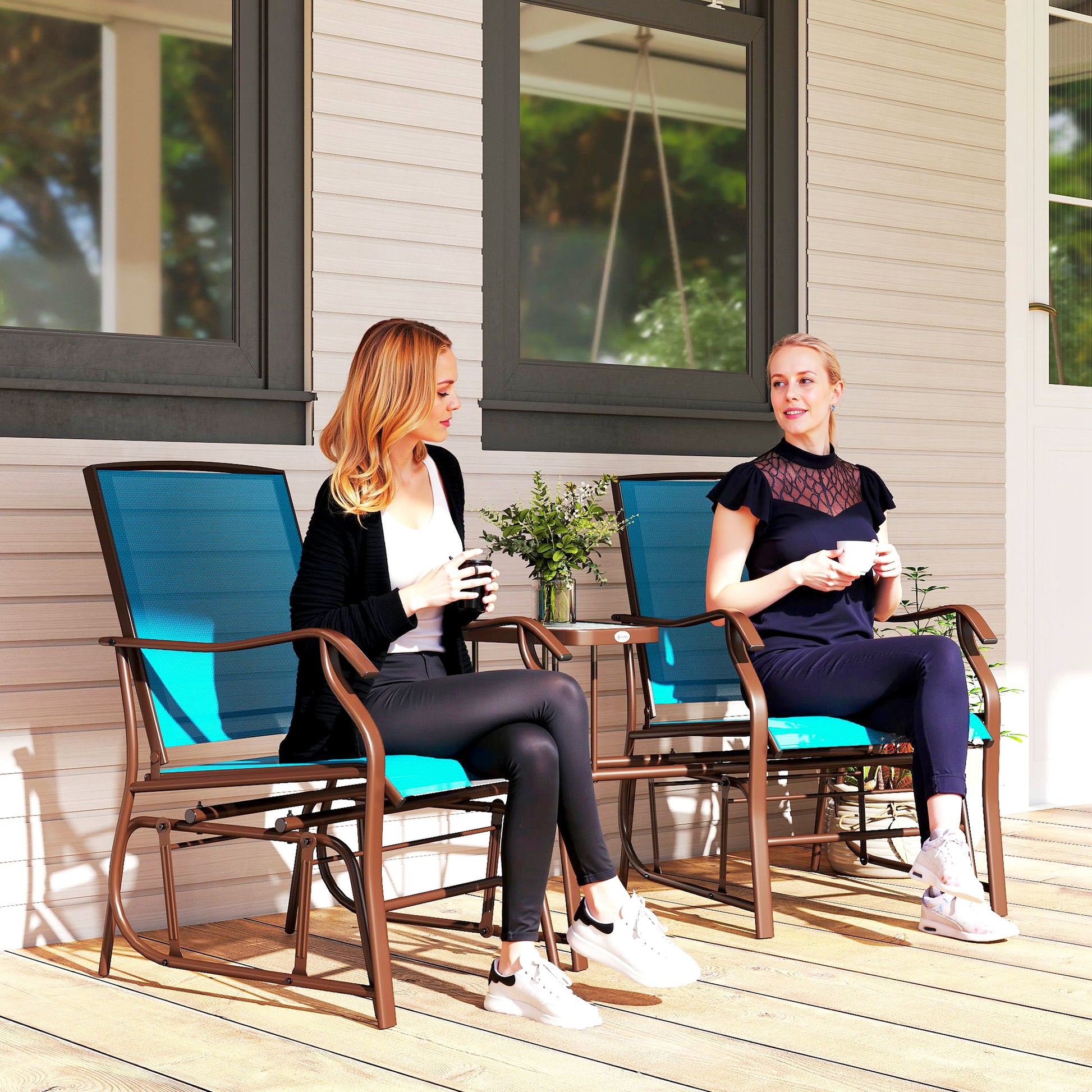 Outdoor 2-Seat Glider Chair with Table, Breathable Mesh Fabric, Blue-DECOROLALA