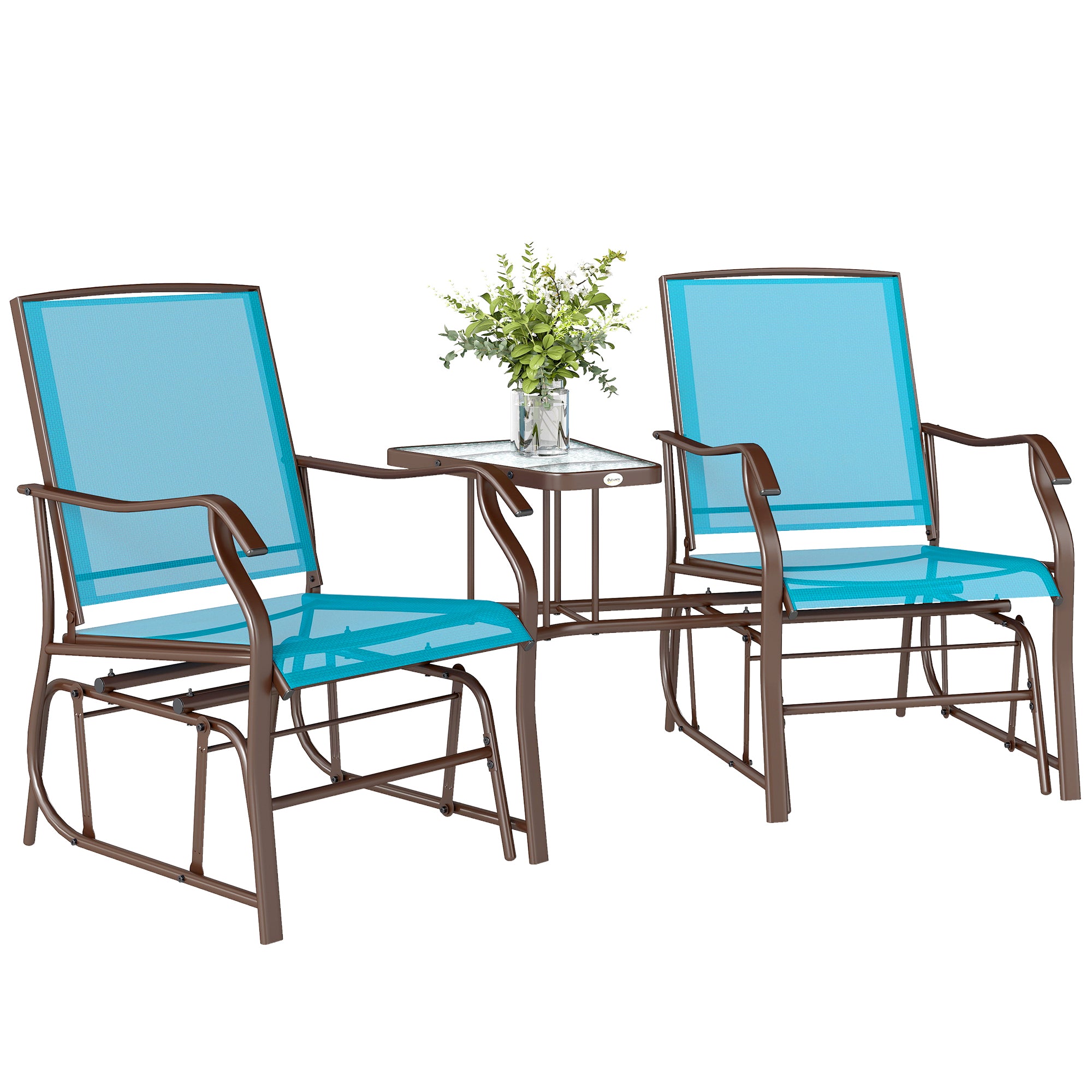 Outdoor 2-Seat Glider Chair with Table, Breathable Mesh Fabric, Blue-DECOROLALA