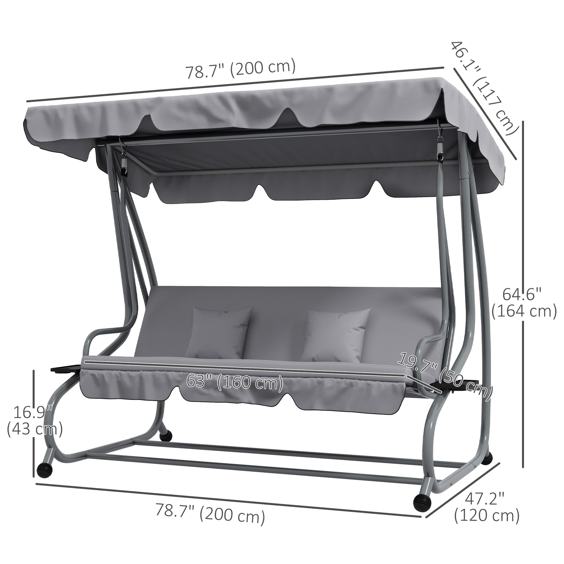 Outdoor 3-Seater Patio Swing Chair - Light Grey, Adjustable Canopy & Pillows-DECOROLALA