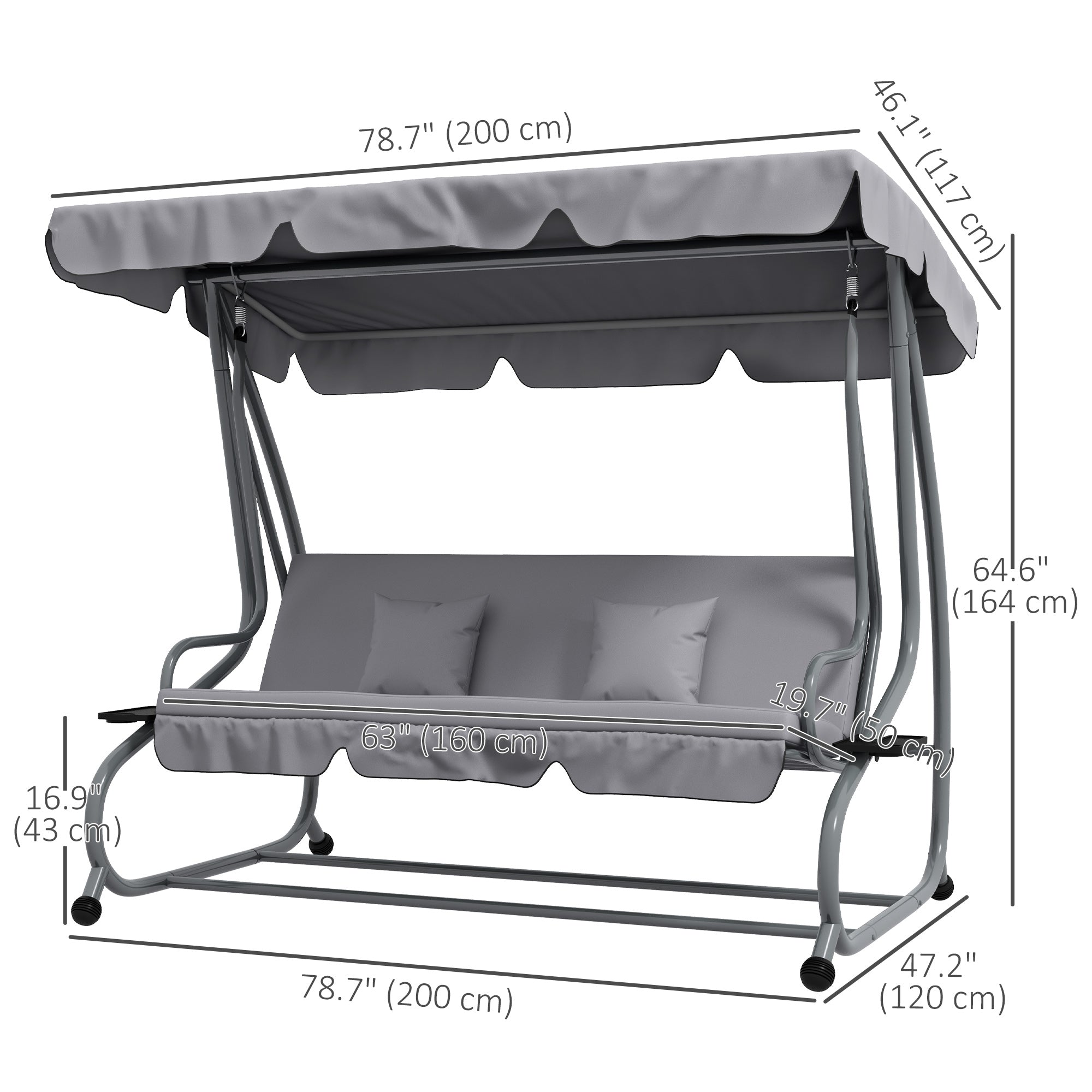 Outdoor 3-Seater Patio Swing Chair - Light Grey, Adjustable Canopy & Pillows-DECOROLALA