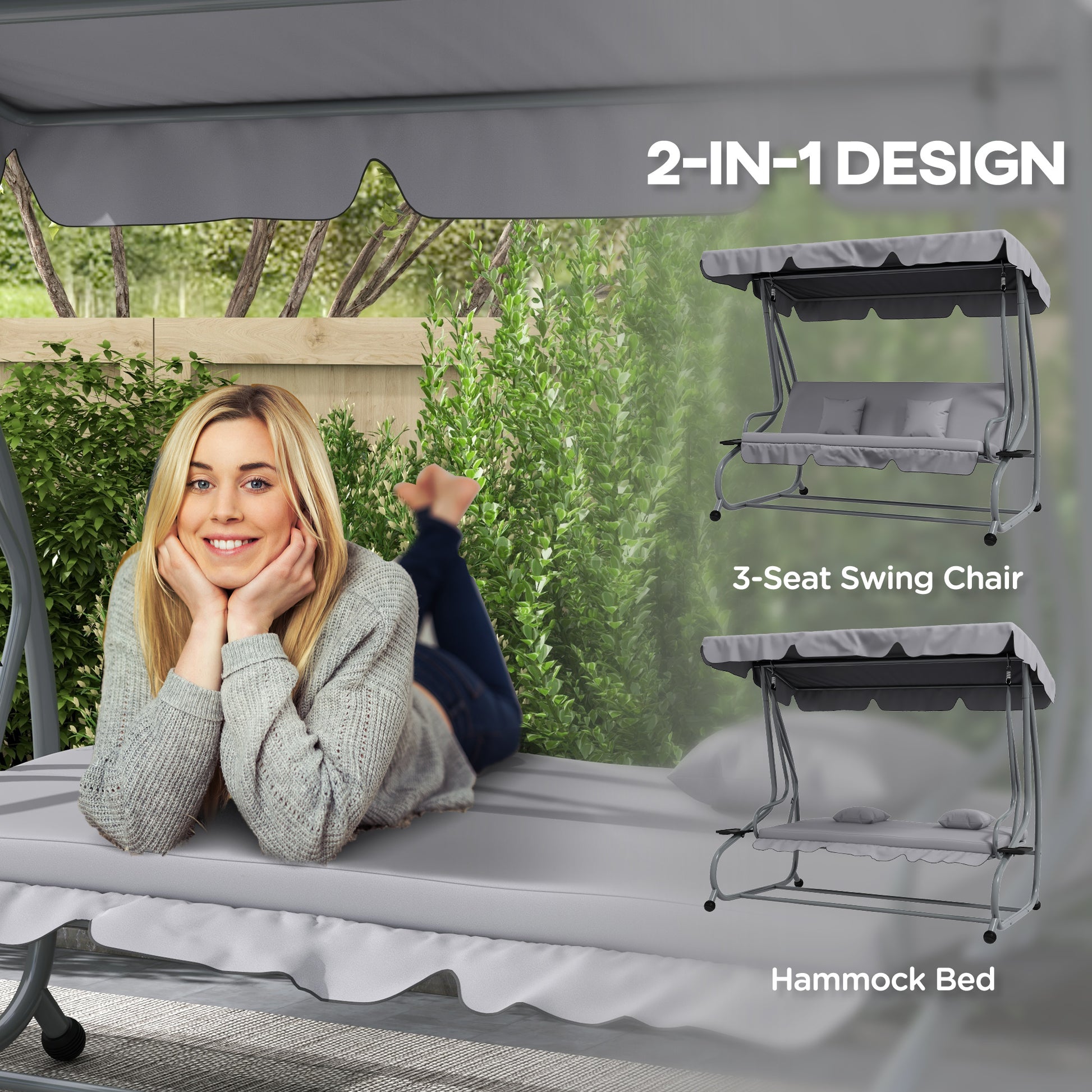 Outdoor 3-Seater Patio Swing Chair - Light Grey, Adjustable Canopy & Pillows-DECOROLALA