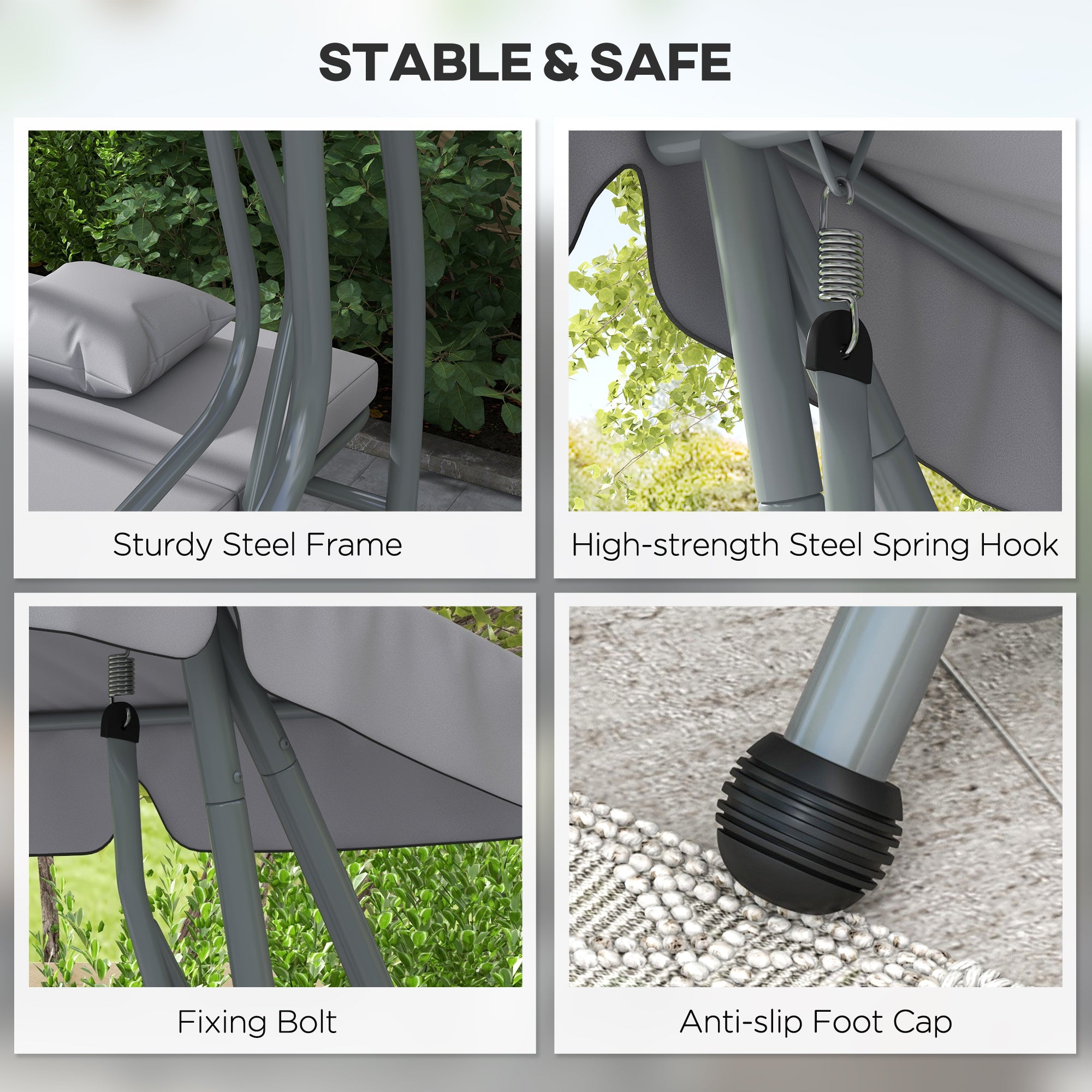 Outdoor 3-Seater Patio Swing Chair - Light Grey, Adjustable Canopy & Pillows-DECOROLALA