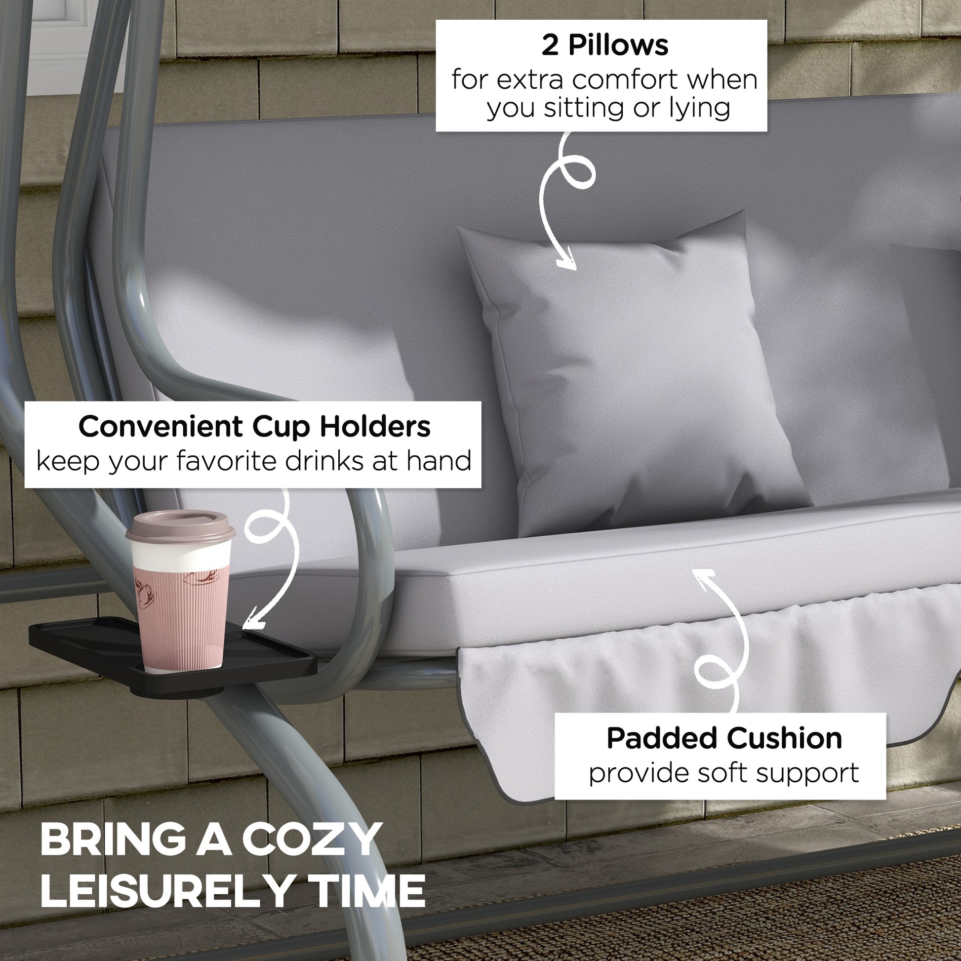 Outdoor 3-Seater Patio Swing Chair - Light Grey, Adjustable Canopy & Pillows-DECOROLALA