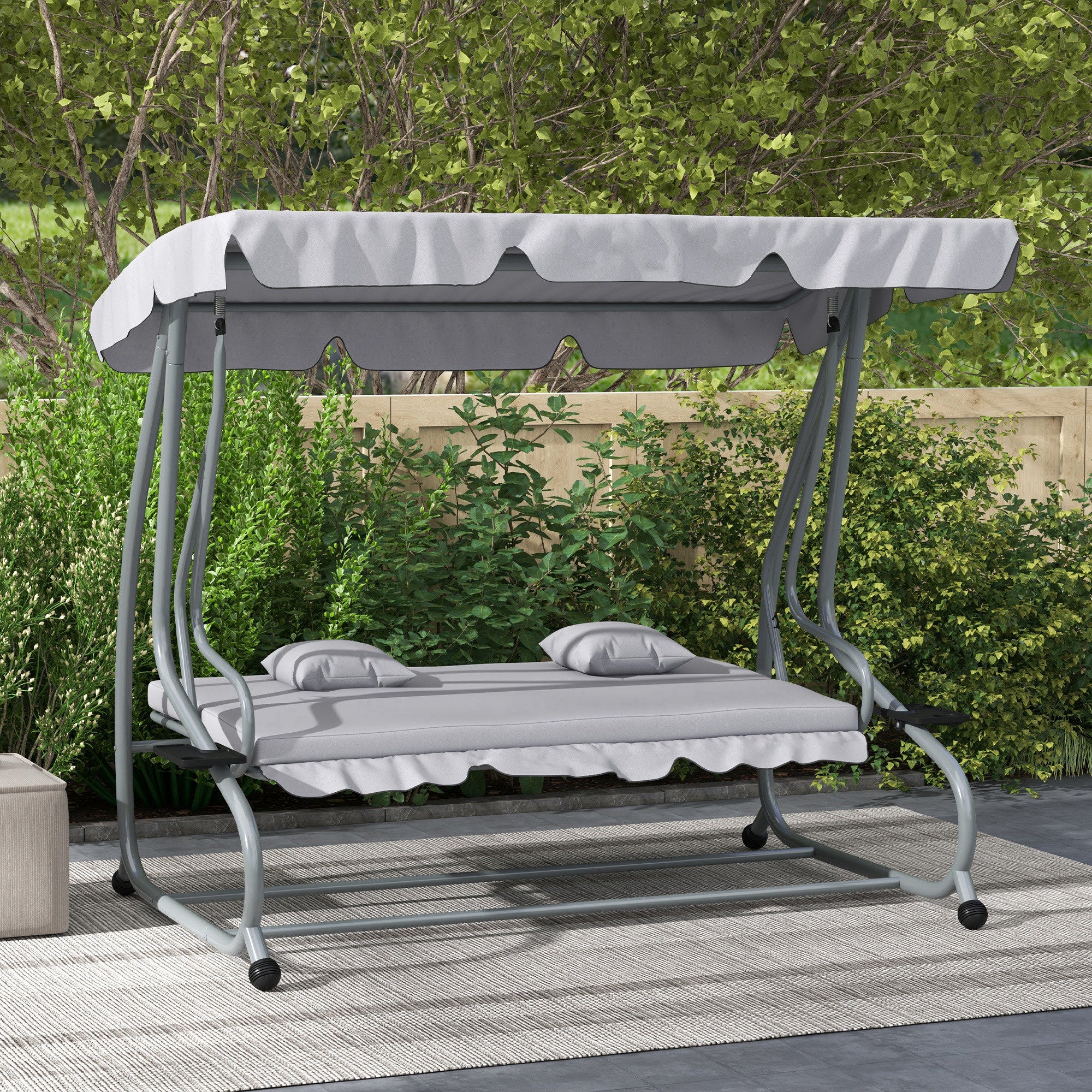 Outdoor 3-Seater Patio Swing Chair - Light Grey, Adjustable Canopy & Pillows-DECOROLALA