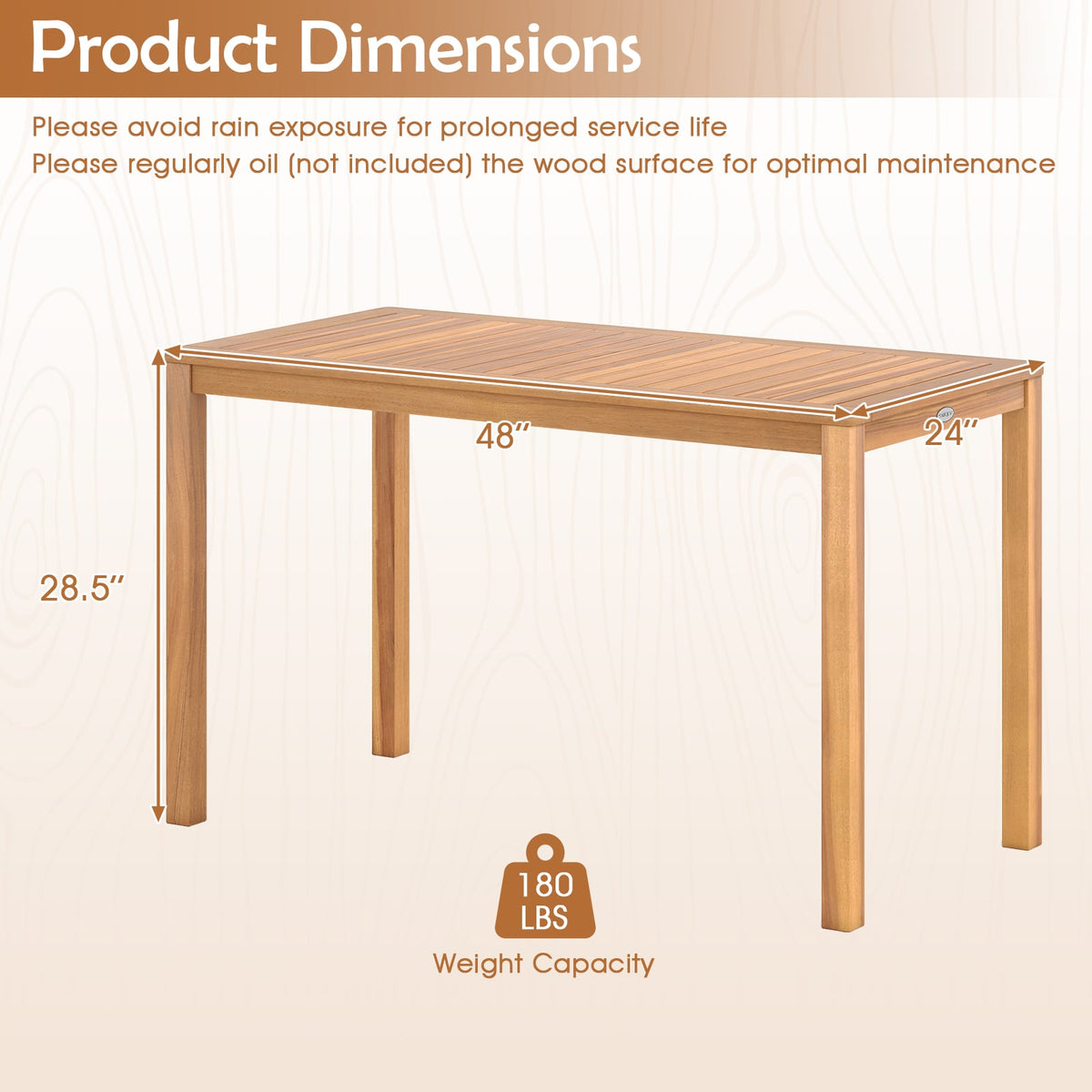 Outdoor Acacia Wood Dining Table with Slatted Tabletop for 4-6-Patio Dining Tables-DECOROLALA