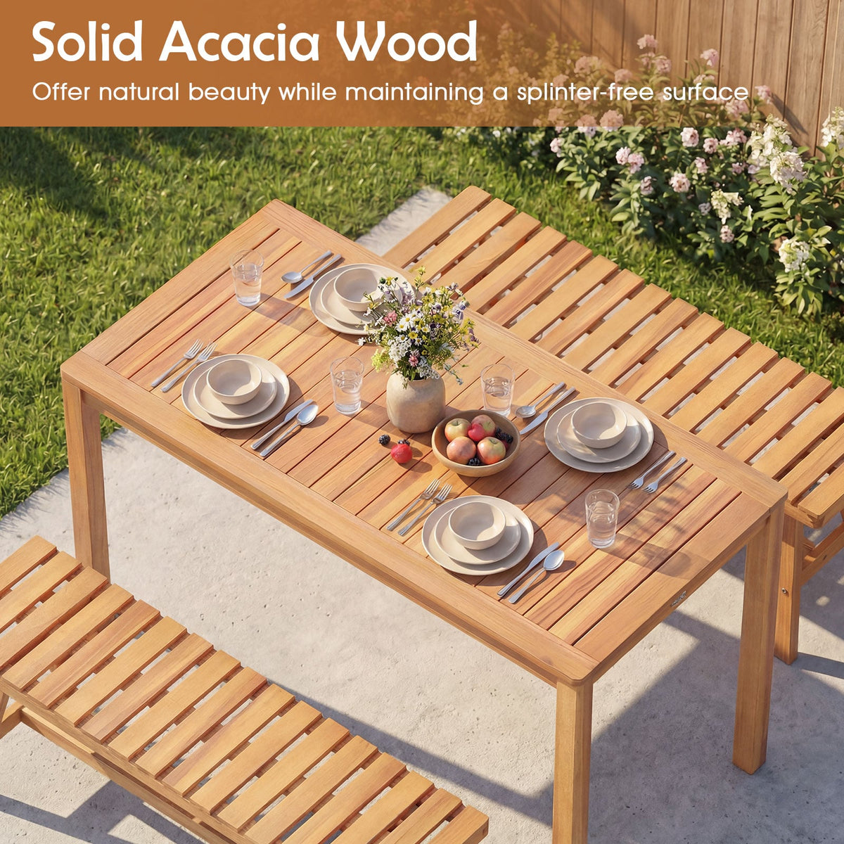 Outdoor Acacia Wood Dining Table with Slatted Tabletop for 4-6-Patio Dining Tables-DECOROLALA