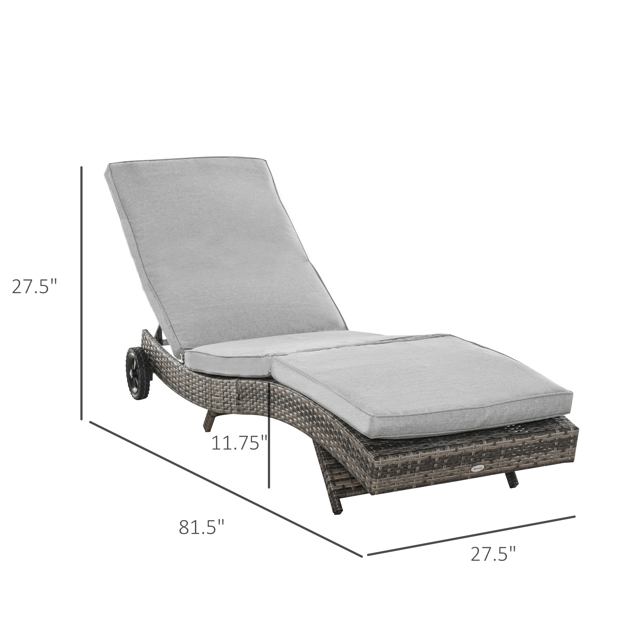 Outdoor Adjustable Wicker Chaise Lounger Grey 81.5" - Wheels, Cushion-DECOROLALA