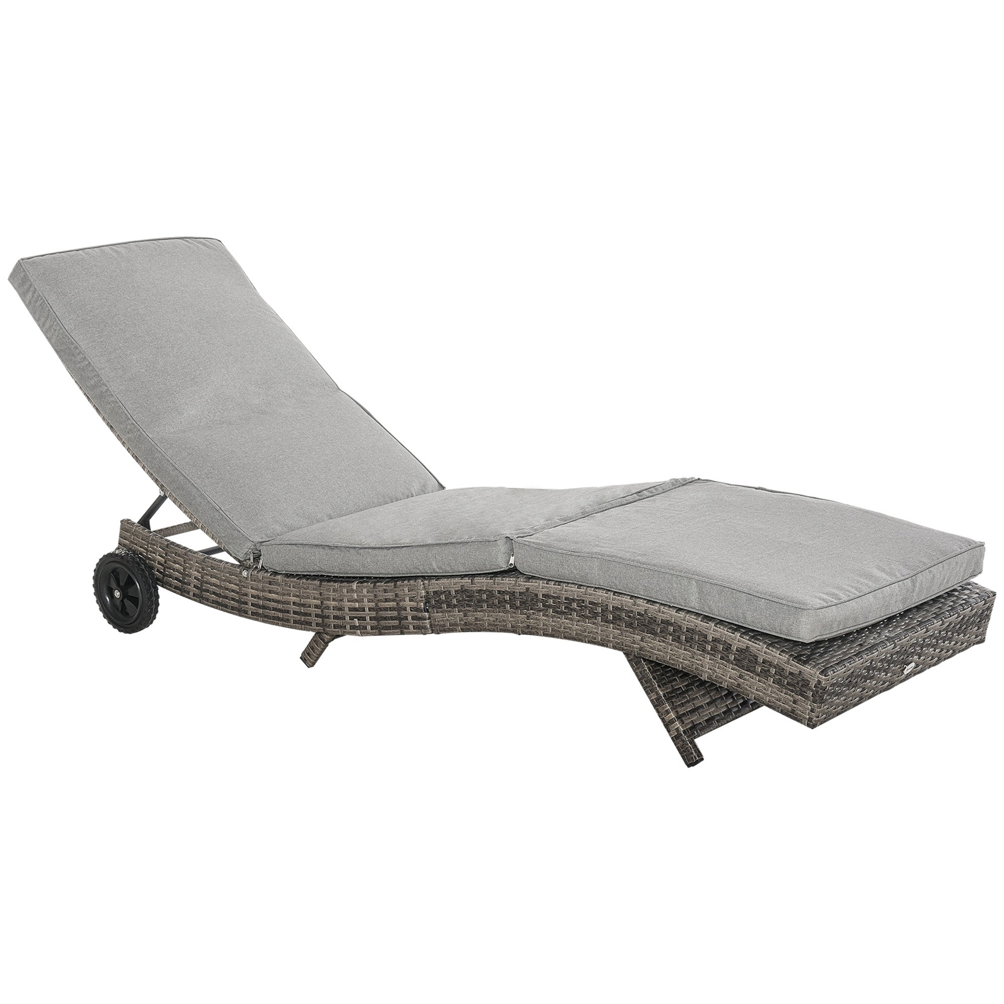 Outdoor Adjustable Wicker Chaise Lounger Grey 81.5" - Wheels, Cushion-DECOROLALA