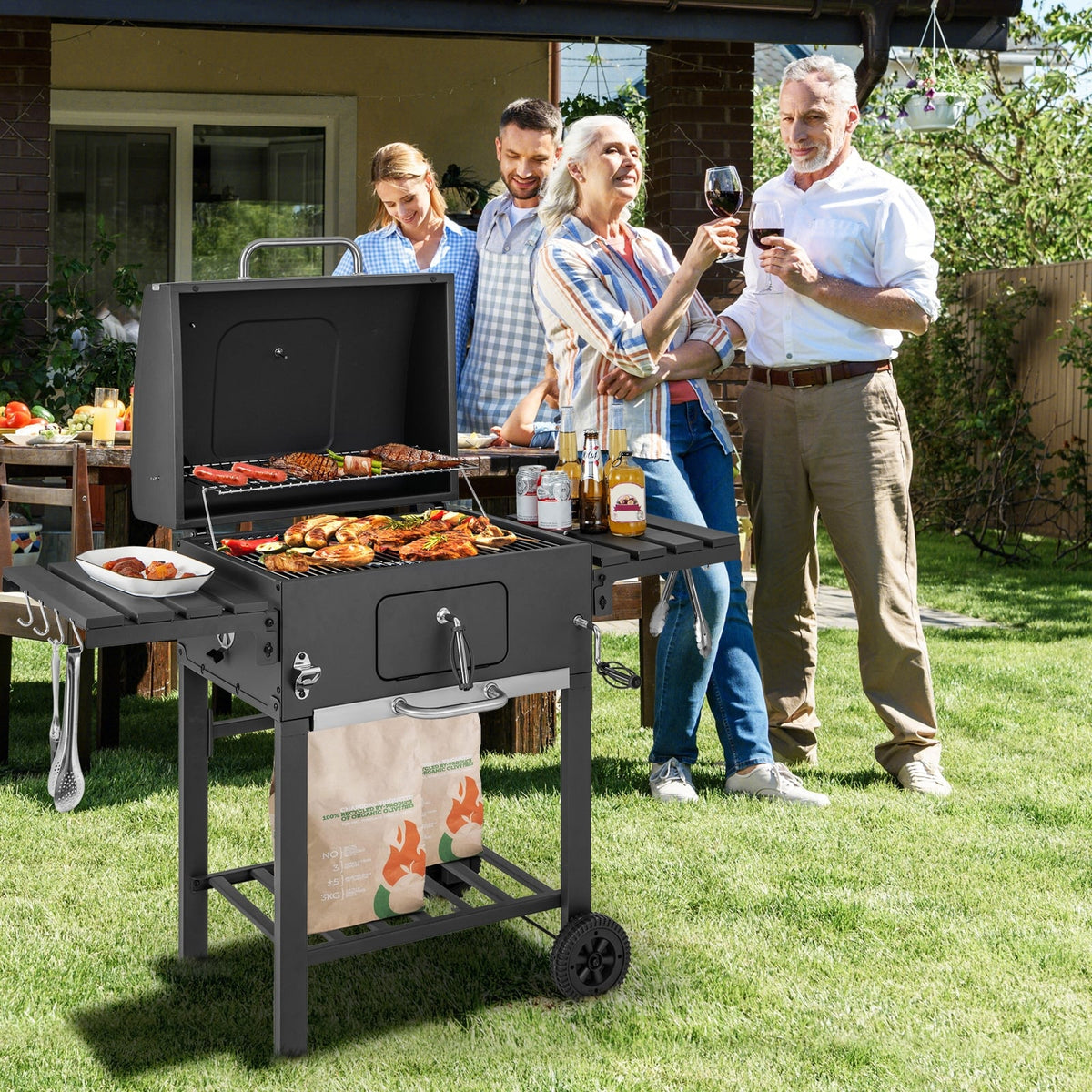Outdoor BBQ Charcoal Grill with 2 Foldable Side Table and Wheels-Outdoor Grills-DECOROLALA
