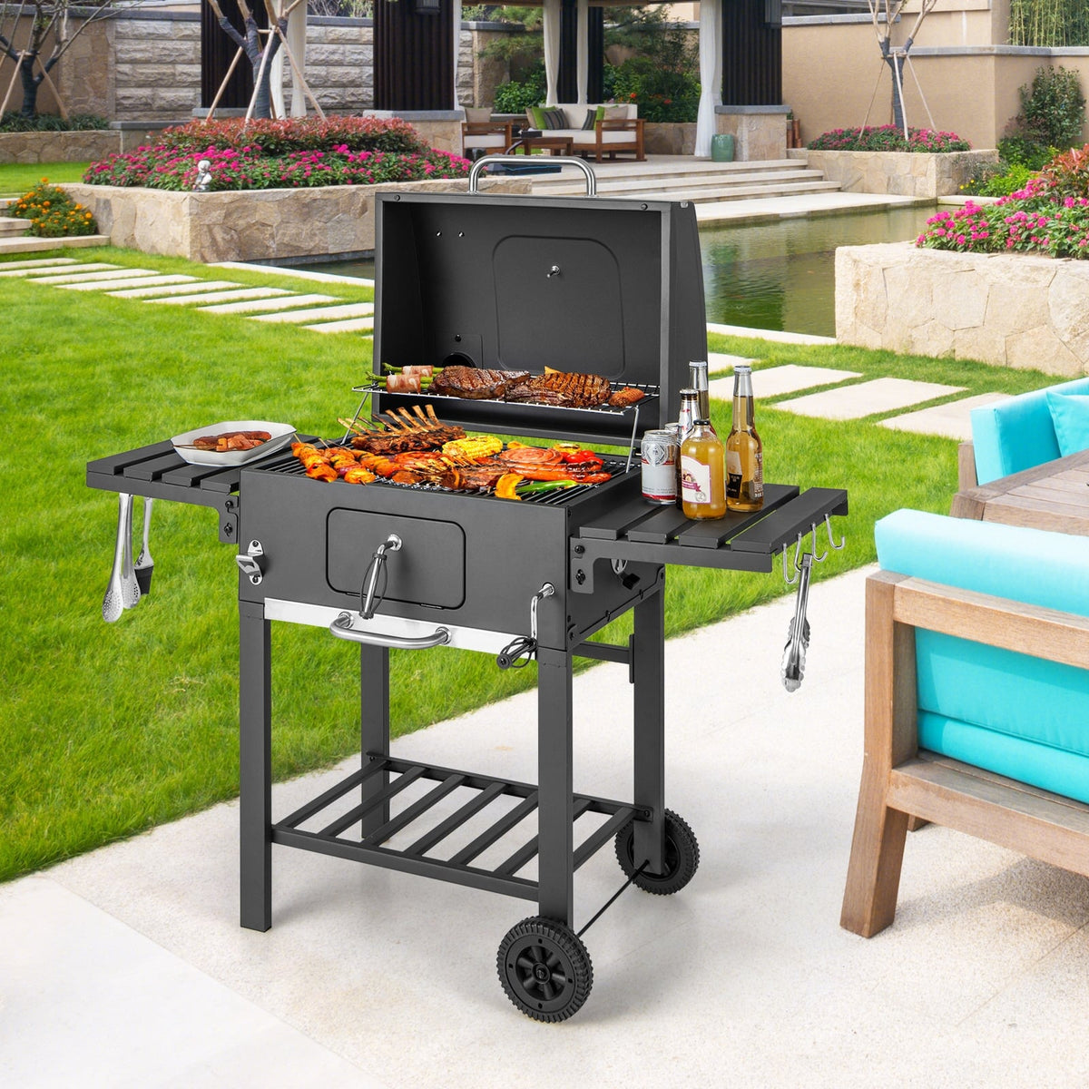 Outdoor BBQ Charcoal Grill with 2 Foldable Side Table and Wheels-Outdoor Grills-DECOROLALA