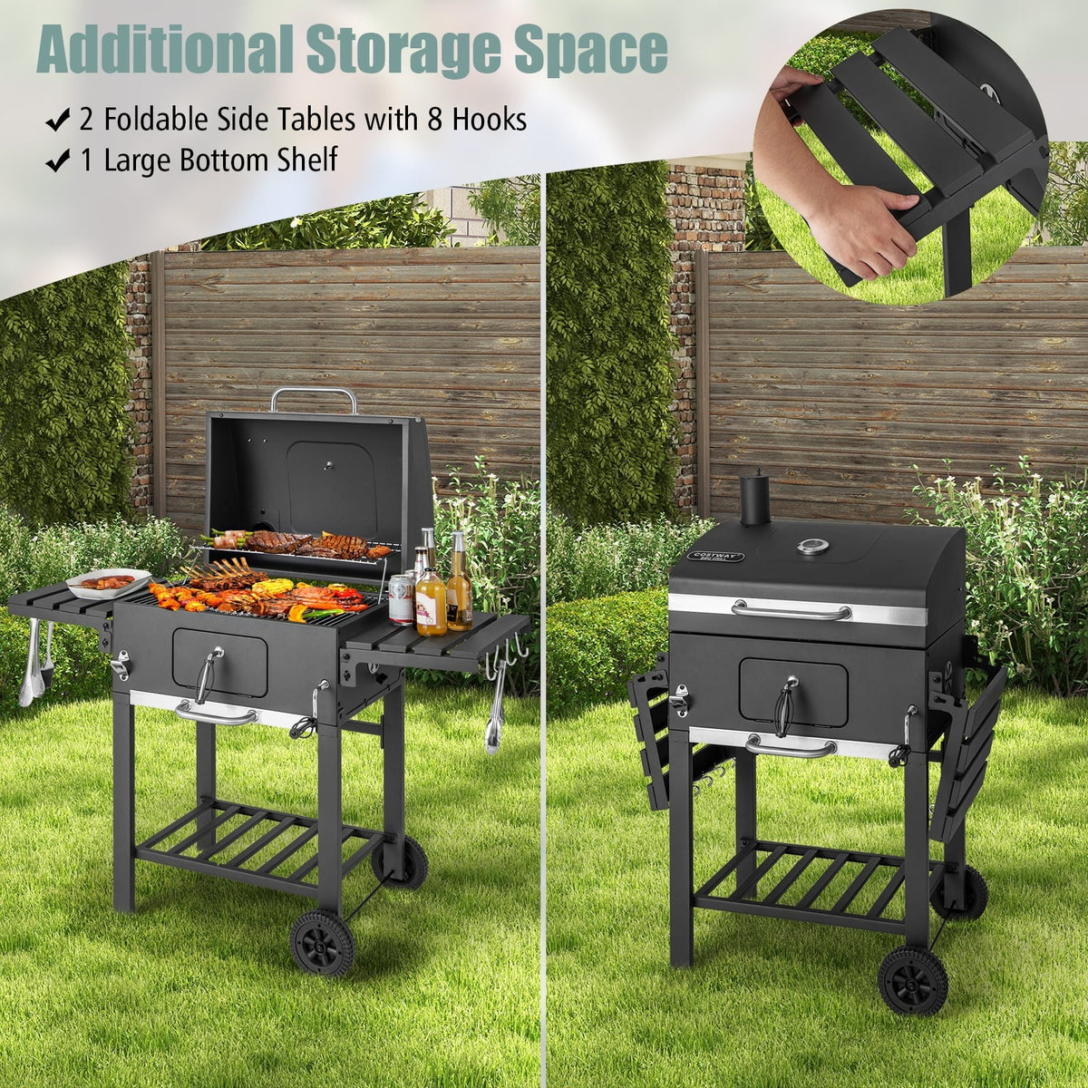 Outdoor BBQ Charcoal Grill with 2 Foldable Side Table and Wheels-Outdoor Grills-DECOROLALA