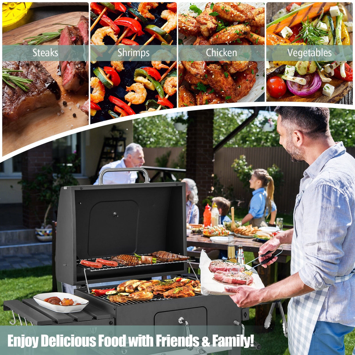 Outdoor BBQ Charcoal Grill with 2 Foldable Side Table and Wheels-Outdoor Grills-DECOROLALA