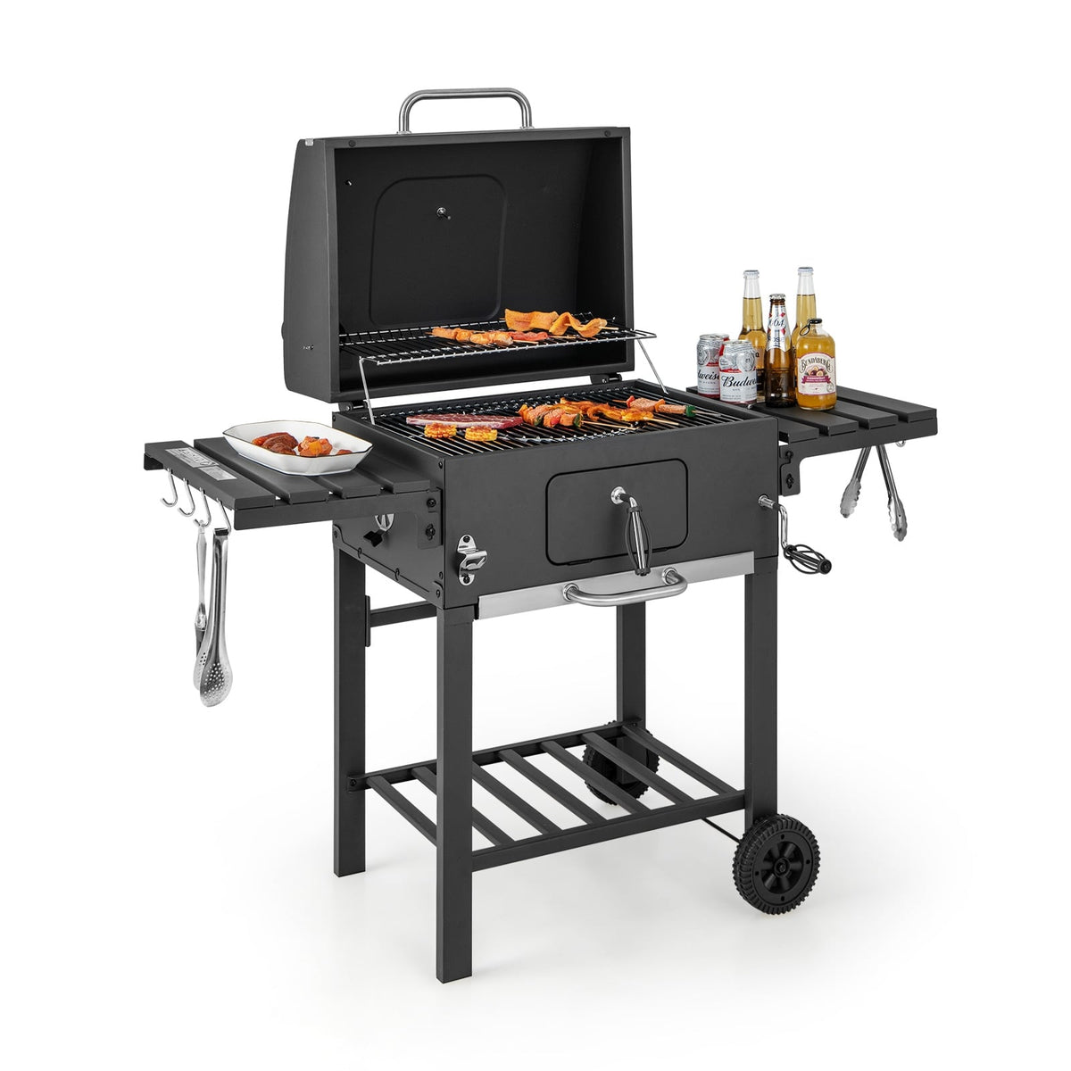 Outdoor BBQ Charcoal Grill with 2 Foldable Side Table and Wheels-Outdoor Grills-DECOROLALA