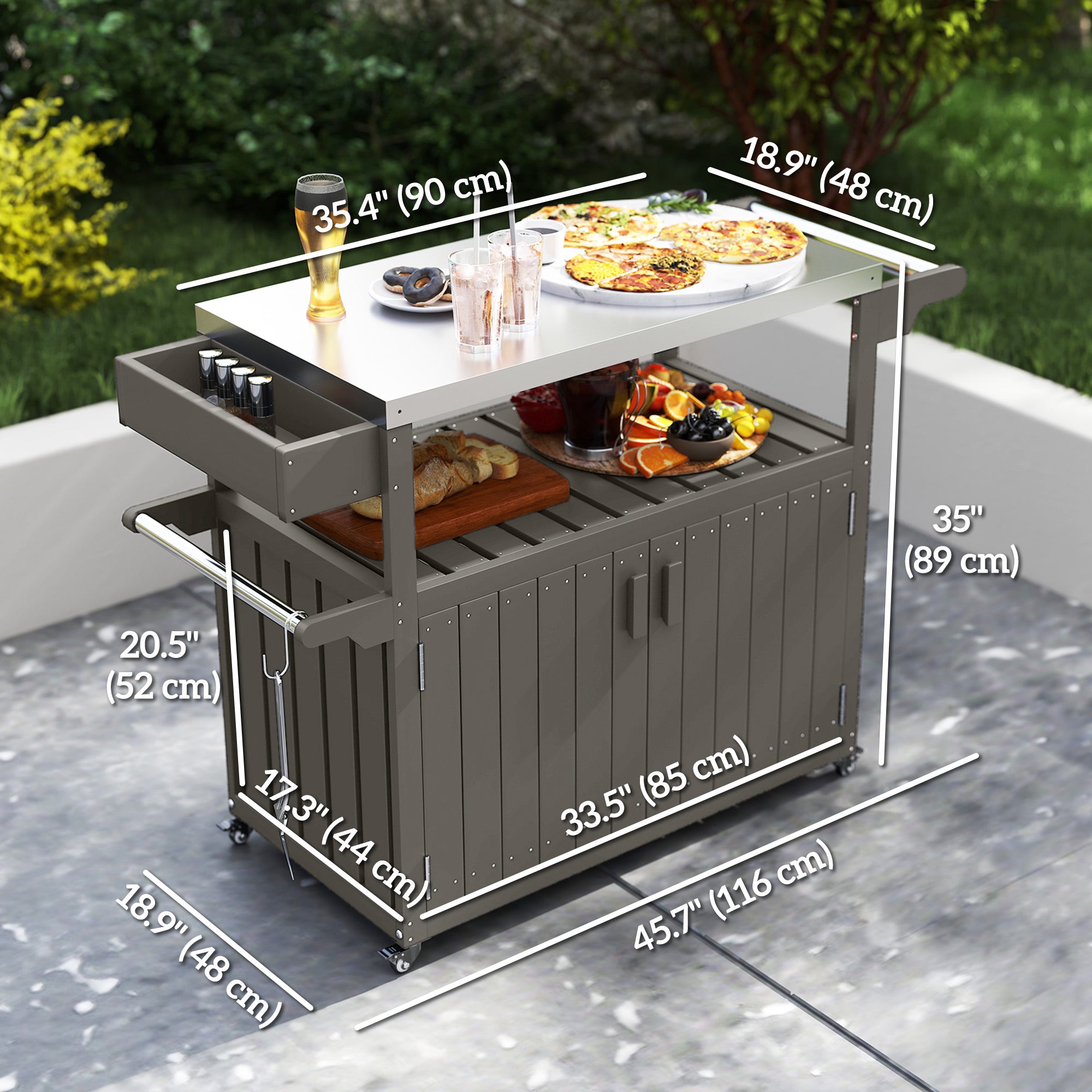 Outdoor Bar Cart - Stainless Steel Top HDPE Island Grey-DECOROLALA