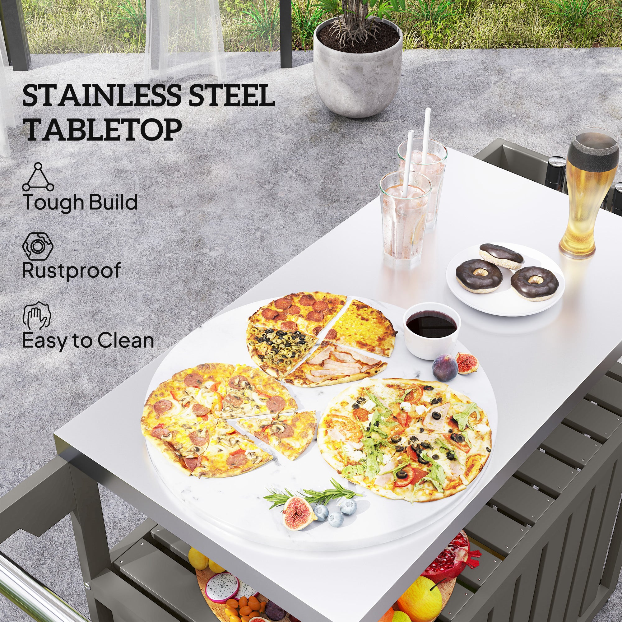 Outdoor Bar Cart - Stainless Steel Top HDPE Island Grey-DECOROLALA