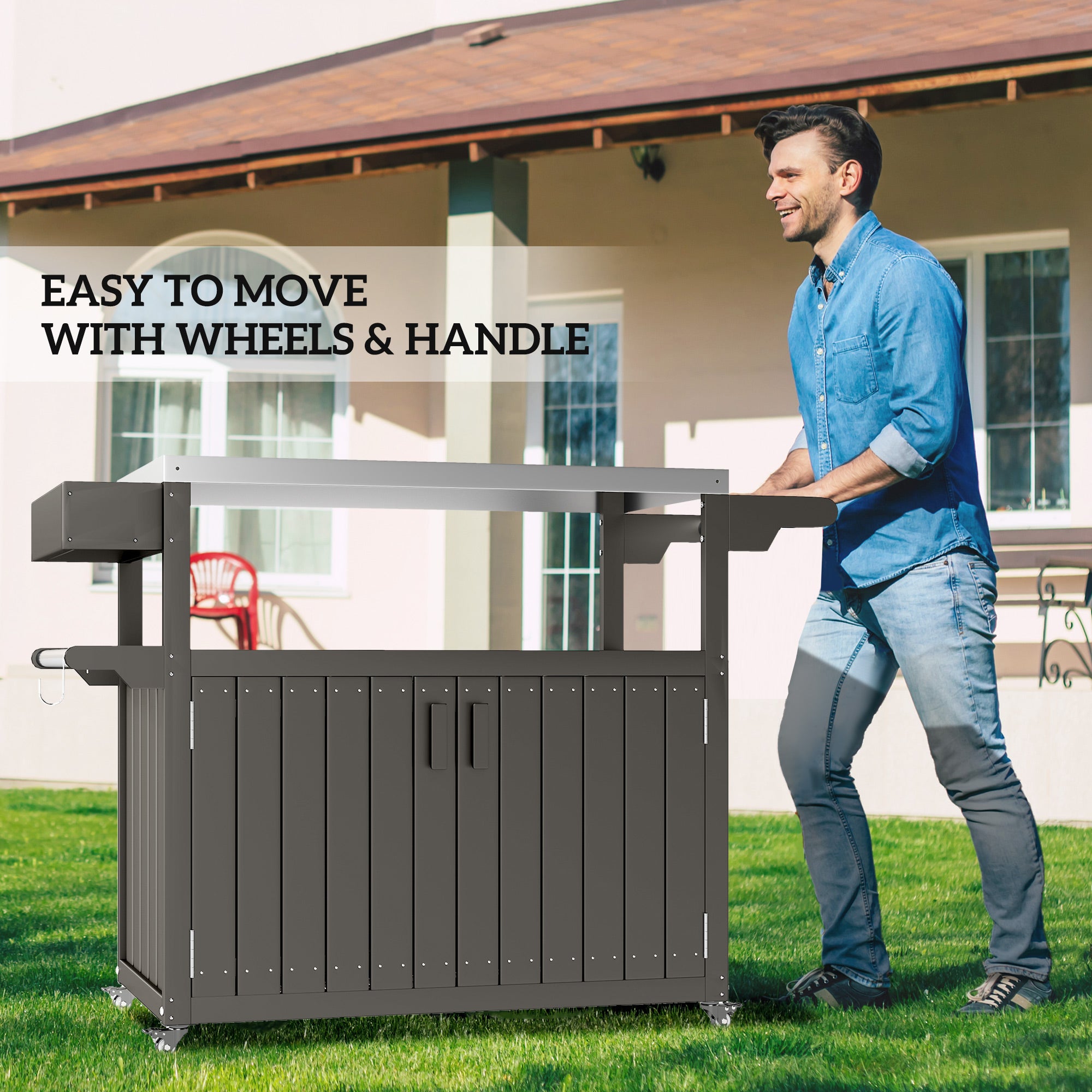 Outdoor Bar Cart - Stainless Steel Top HDPE Island Grey-DECOROLALA