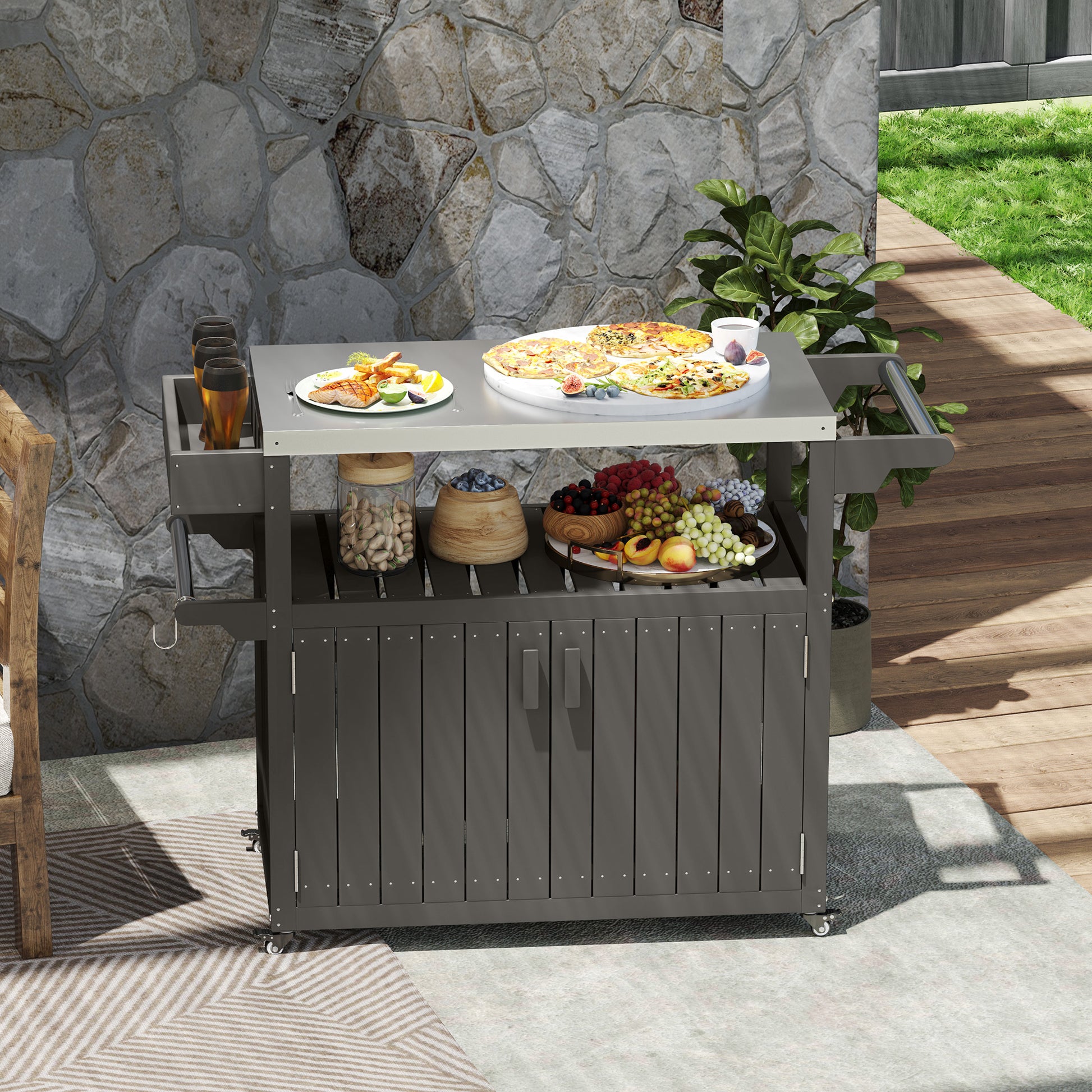 Outdoor Bar Cart - Stainless Steel Top HDPE Island Grey-DECOROLALA