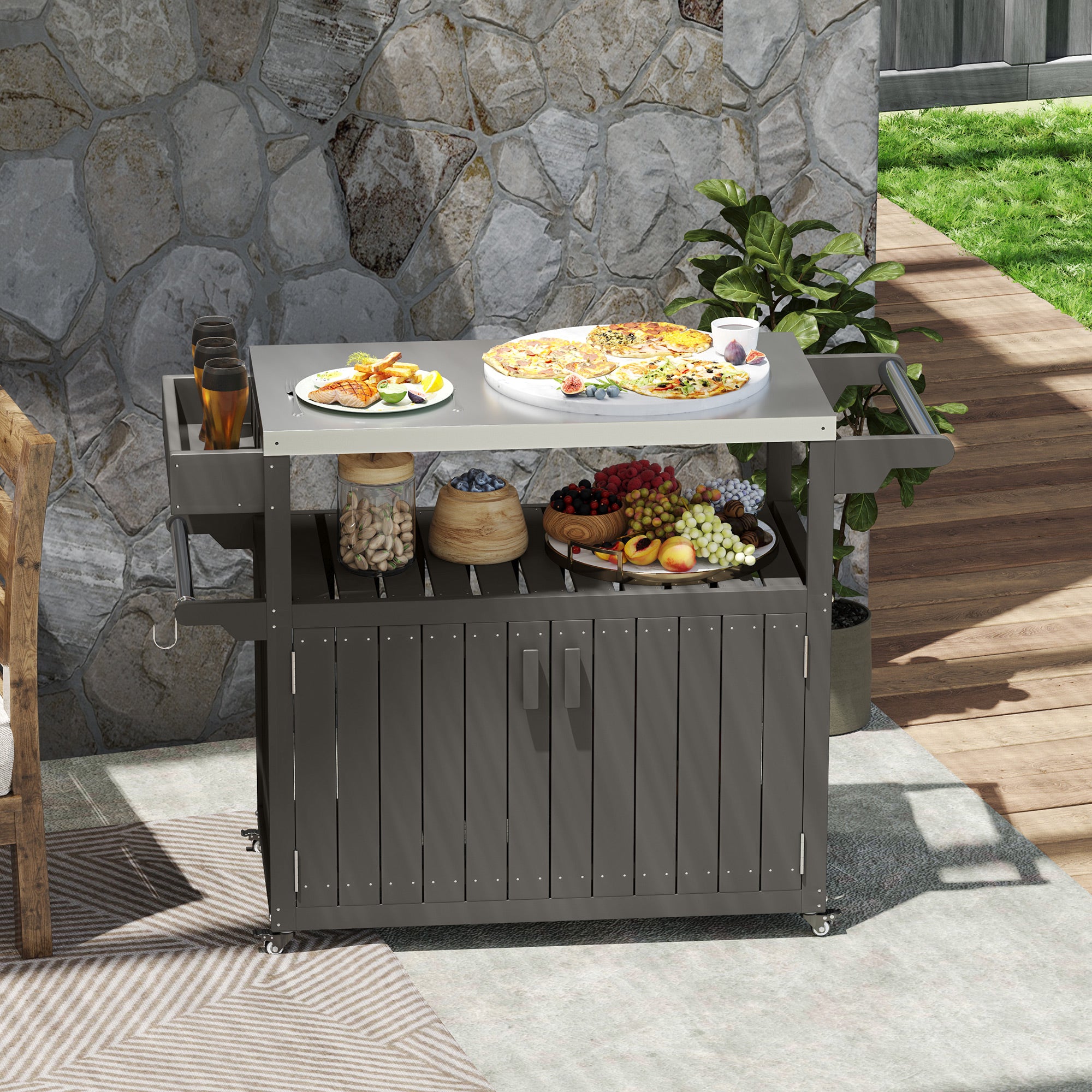 Outdoor Bar Cart - Stainless Steel Top HDPE Island Grey-DECOROLALA