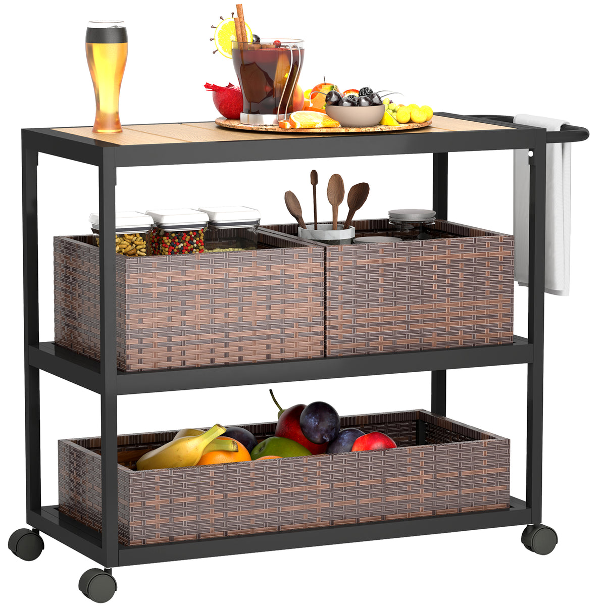 Outdoor Bar Cart with Side Handle, 3-Tier Rolling Cart on Wheels with Removable Rattan Basket, Mixed-Brown-Bar Carts-DECOROLALA