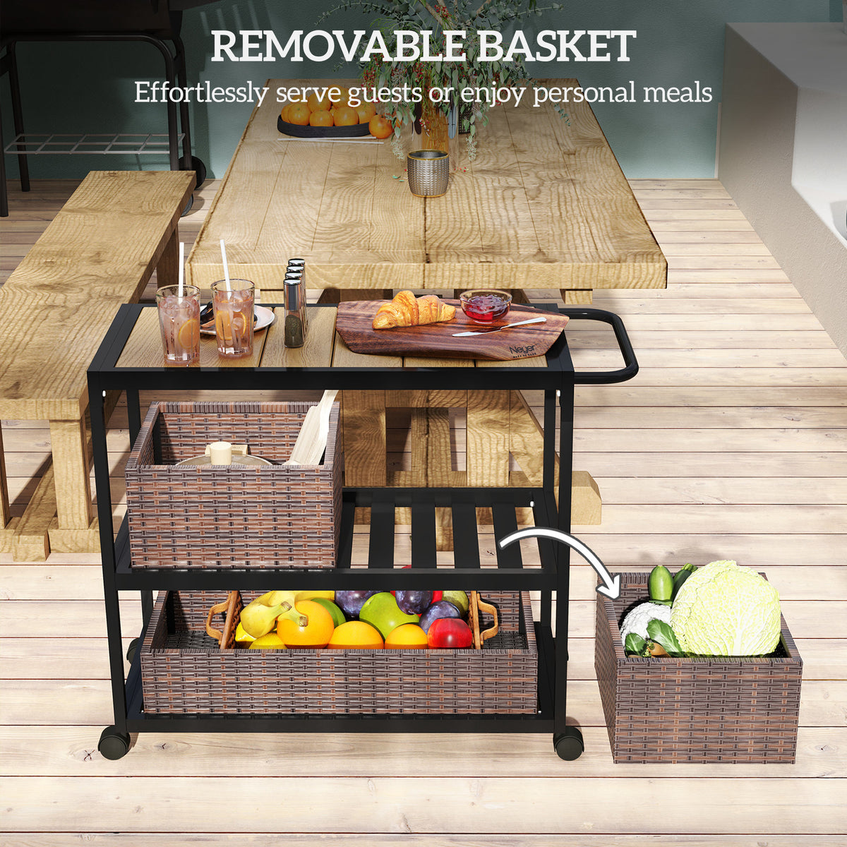 Outdoor Bar Cart with Side Handle, 3-Tier Rolling Cart on Wheels with Removable Rattan Basket, Mixed-Brown-Bar Carts-DECOROLALA