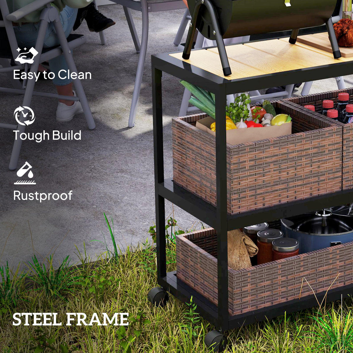 Outdoor Bar Cart with Side Handle, 3-Tier Rolling Cart on Wheels with Removable Rattan Basket, Mixed-Brown-Bar Carts-DECOROLALA