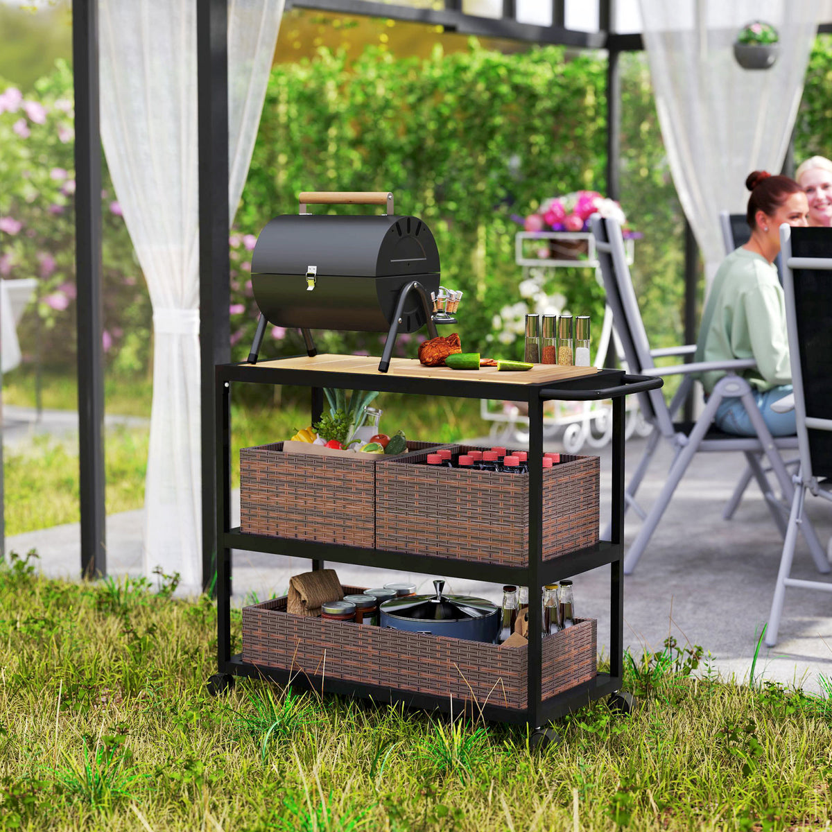 Outdoor Bar Cart with Side Handle, 3-Tier Rolling Cart on Wheels with Removable Rattan Basket, Mixed-Brown-Bar Carts-DECOROLALA