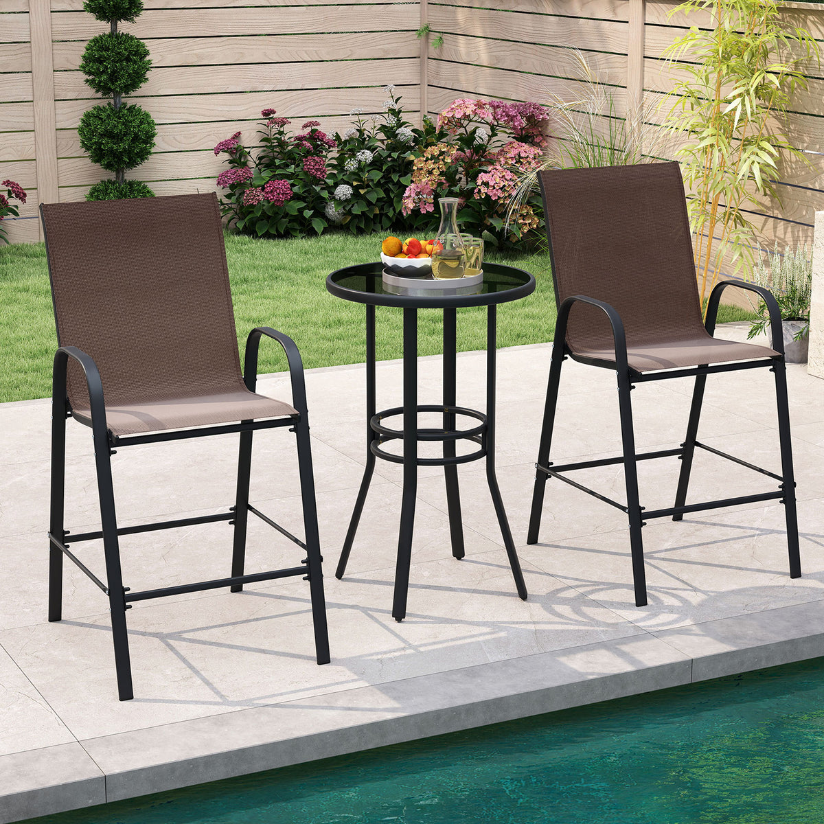 Outdoor Bar Stools Set of 2 29 Inch Fabric Bar Height Stools with Armrests-Brown-Outdoor Bar Furniture-DECOROLALA