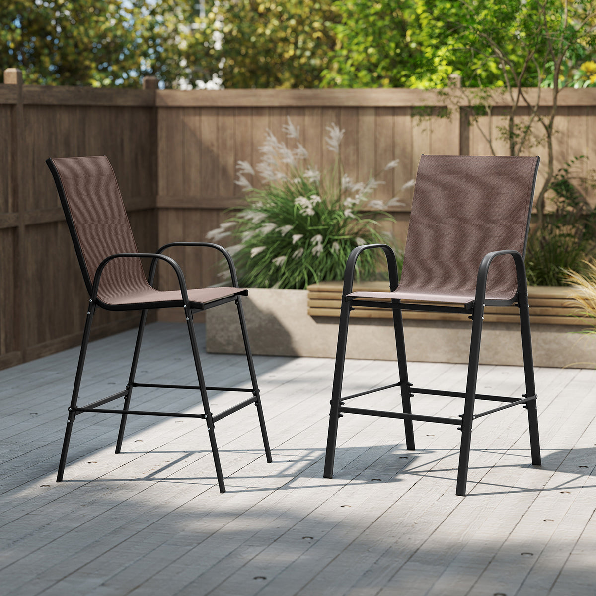 Outdoor Bar Stools Set of 2 29 Inch Fabric Bar Height Stools with Armrests-Brown-Outdoor Bar Furniture-DECOROLALA