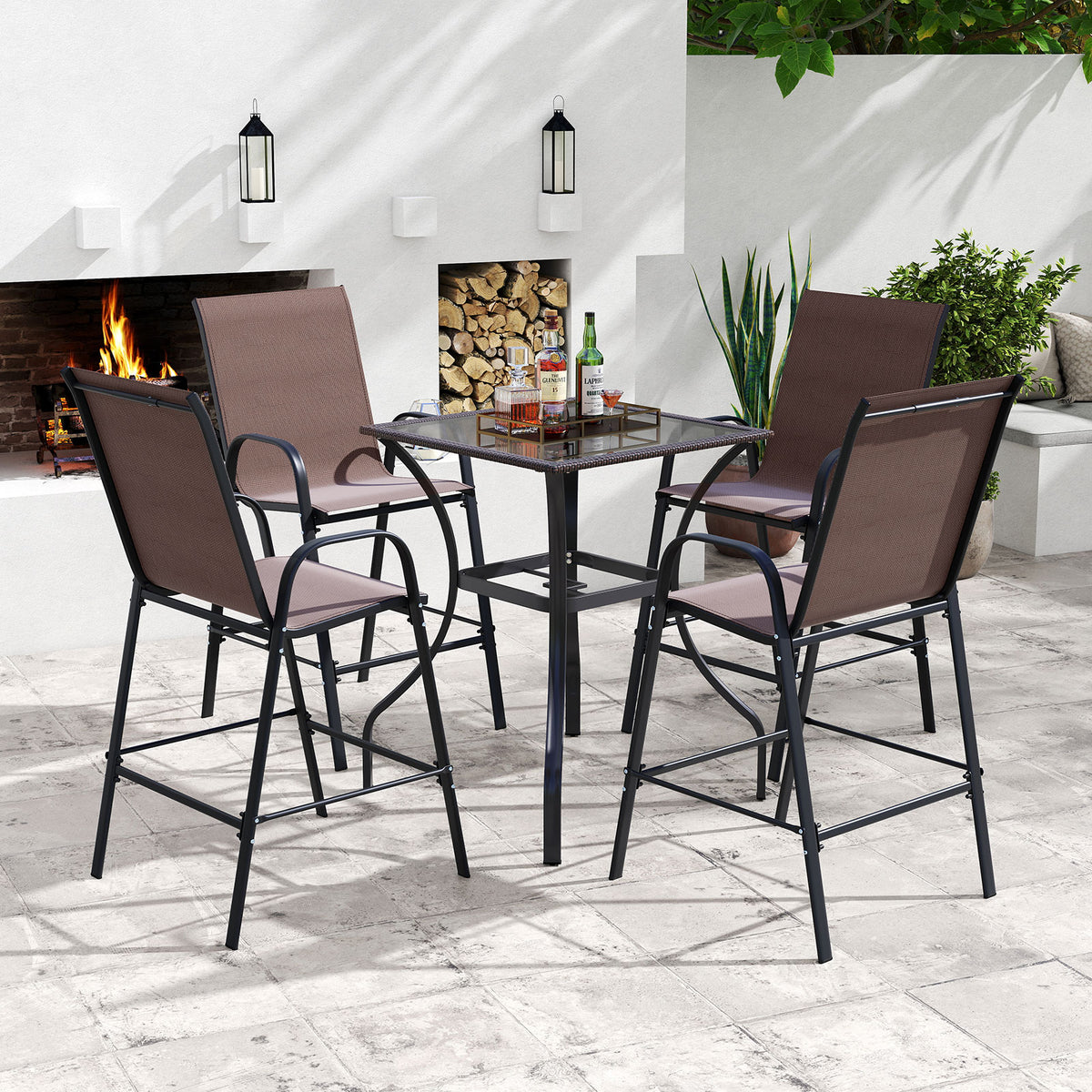 Outdoor Bar Stools Set of 2 29 Inch Fabric Bar Height Stools with Armrests-Brown-Outdoor Bar Furniture-DECOROLALA