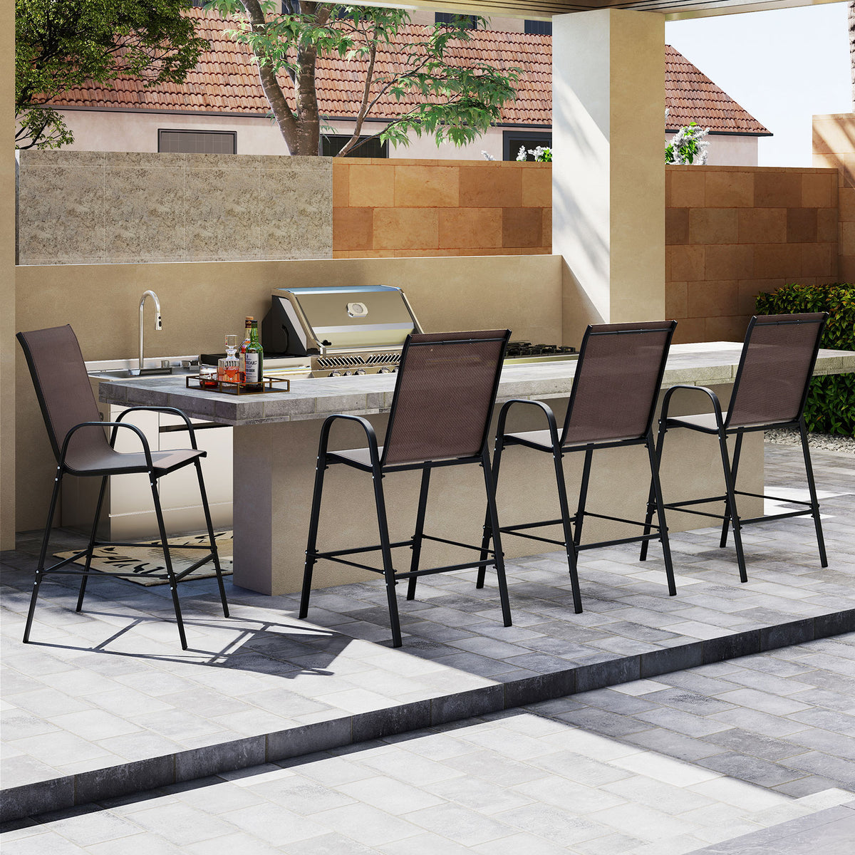 Outdoor Bar Stools Set of 2 29 Inch Fabric Bar Height Stools with Armrests-Brown-Outdoor Bar Furniture-DECOROLALA