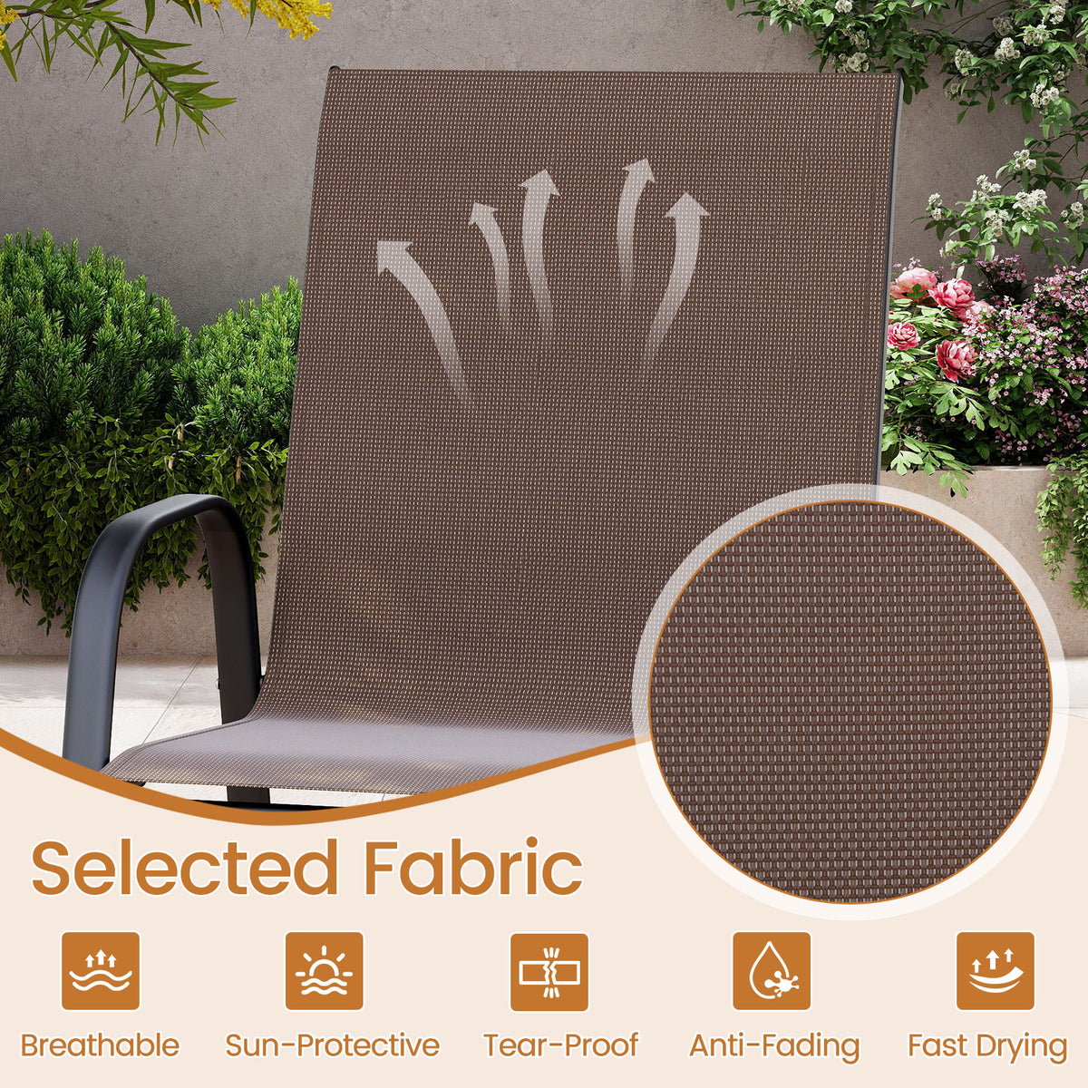 Outdoor Bar Stools Set of 2 29 Inch Fabric Bar Height Stools with Armrests-Brown-Outdoor Bar Furniture-DECOROLALA