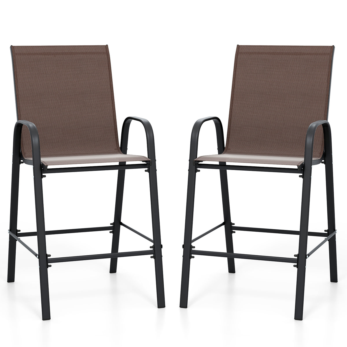 Outdoor Bar Stools Set of 2 29 Inch Fabric Bar Height Stools with Armrests-Brown-Outdoor Bar Furniture-DECOROLALA