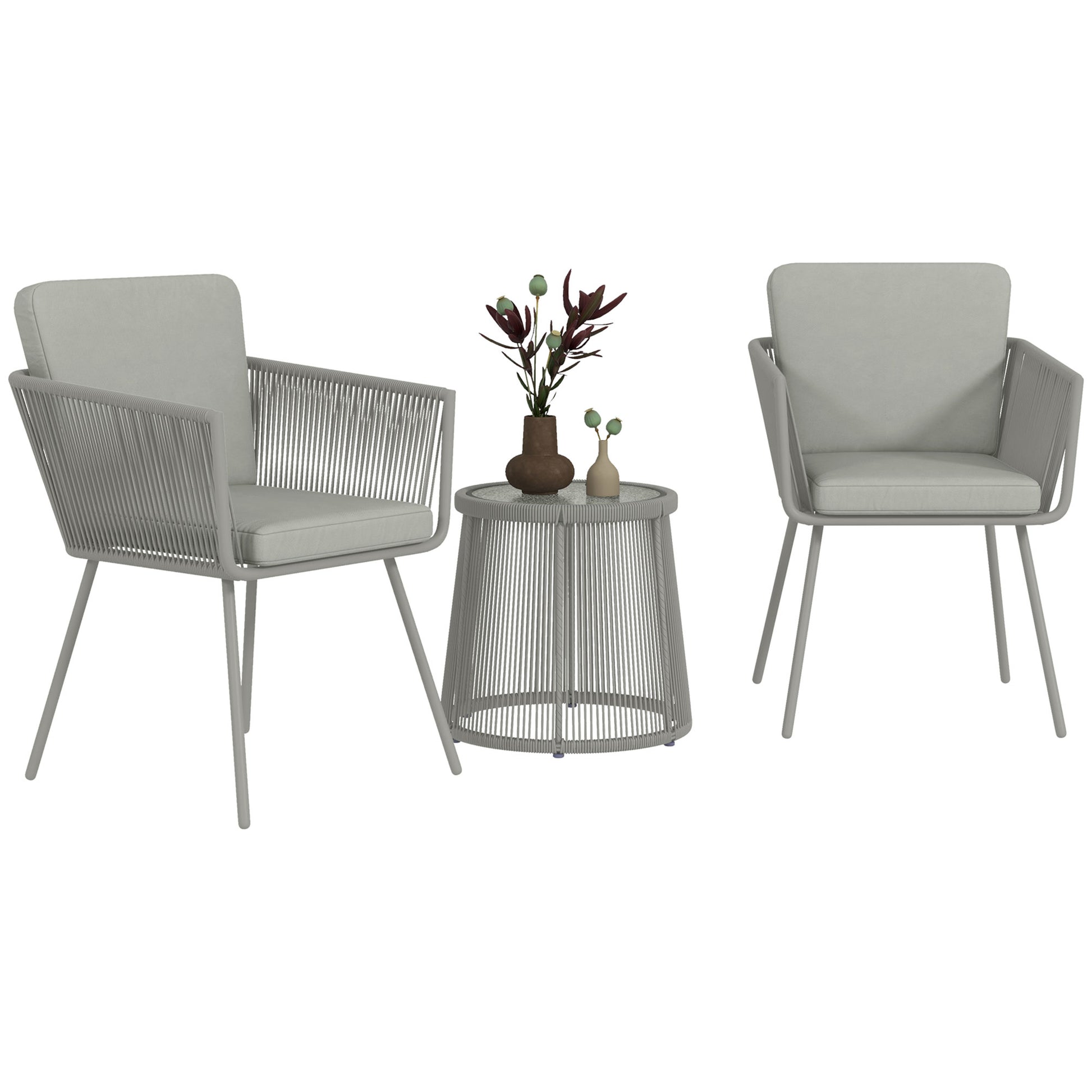 Outdoor Bistro Set, Wicker Rattan with Metal Legs, Light Grey, 3 Pieces-DECOROLALA
