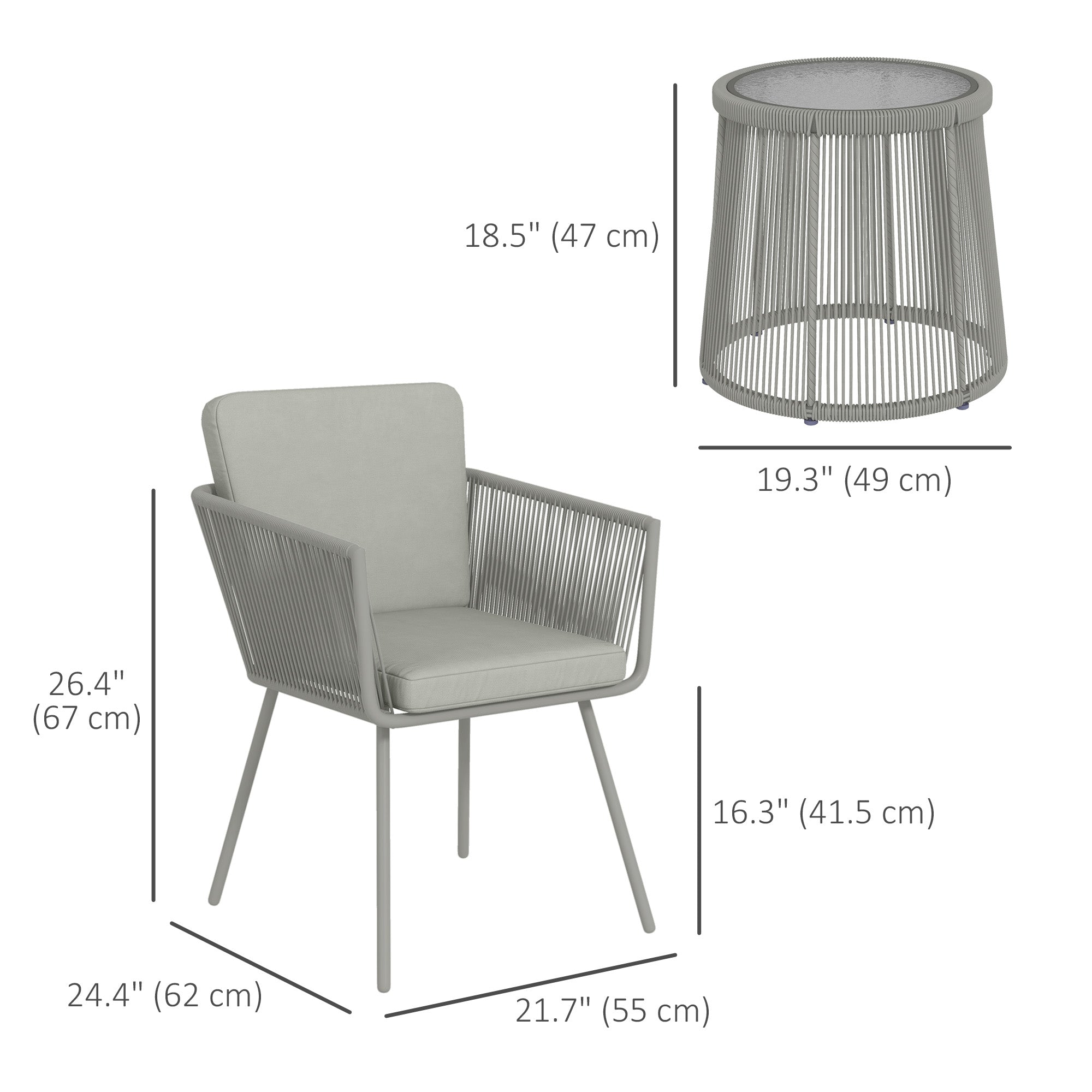 Outdoor Bistro Set, Wicker Rattan with Metal Legs, Light Grey, 3 Pieces-DECOROLALA
