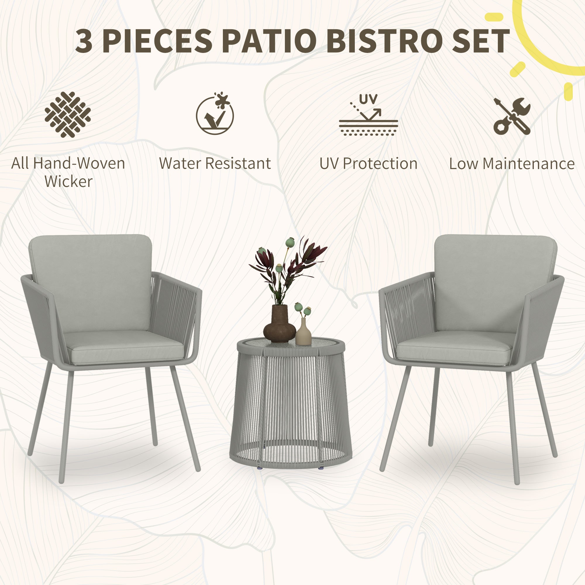Outdoor Bistro Set, Wicker Rattan with Metal Legs, Light Grey, 3 Pieces-DECOROLALA