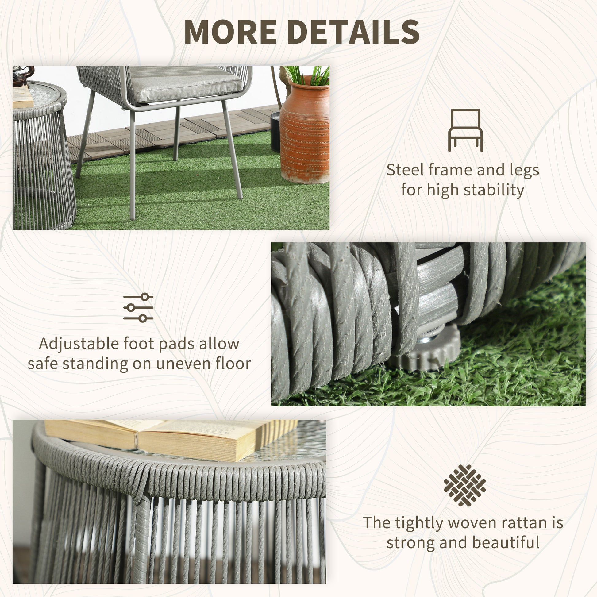 Outdoor Bistro Set, Wicker Rattan with Metal Legs, Light Grey, 3 Pieces-DECOROLALA