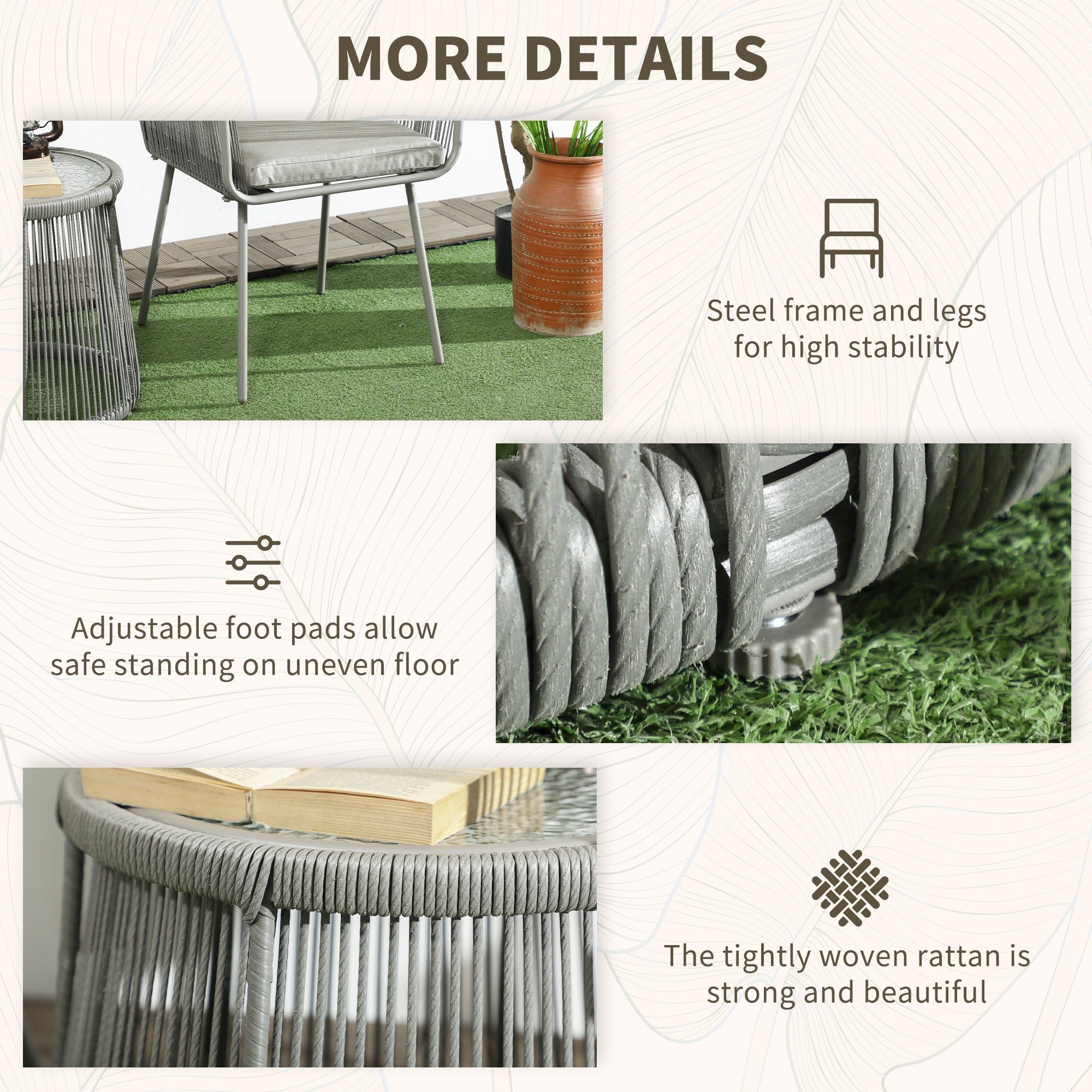 Outdoor Bistro Set, Wicker Rattan with Metal Legs, Light Grey, 3 Pieces-DECOROLALA