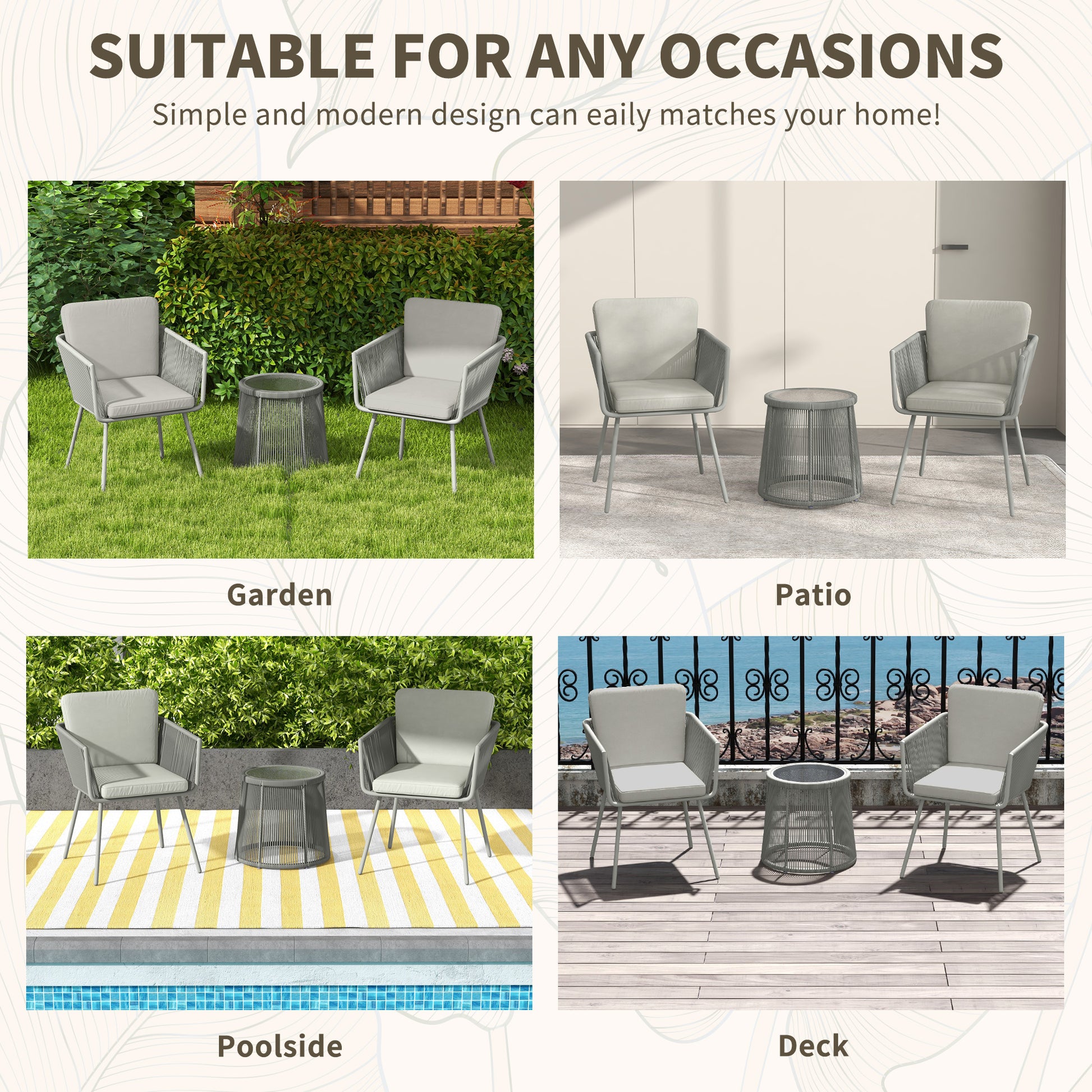 Outdoor Bistro Set, Wicker Rattan with Metal Legs, Light Grey, 3 Pieces-DECOROLALA