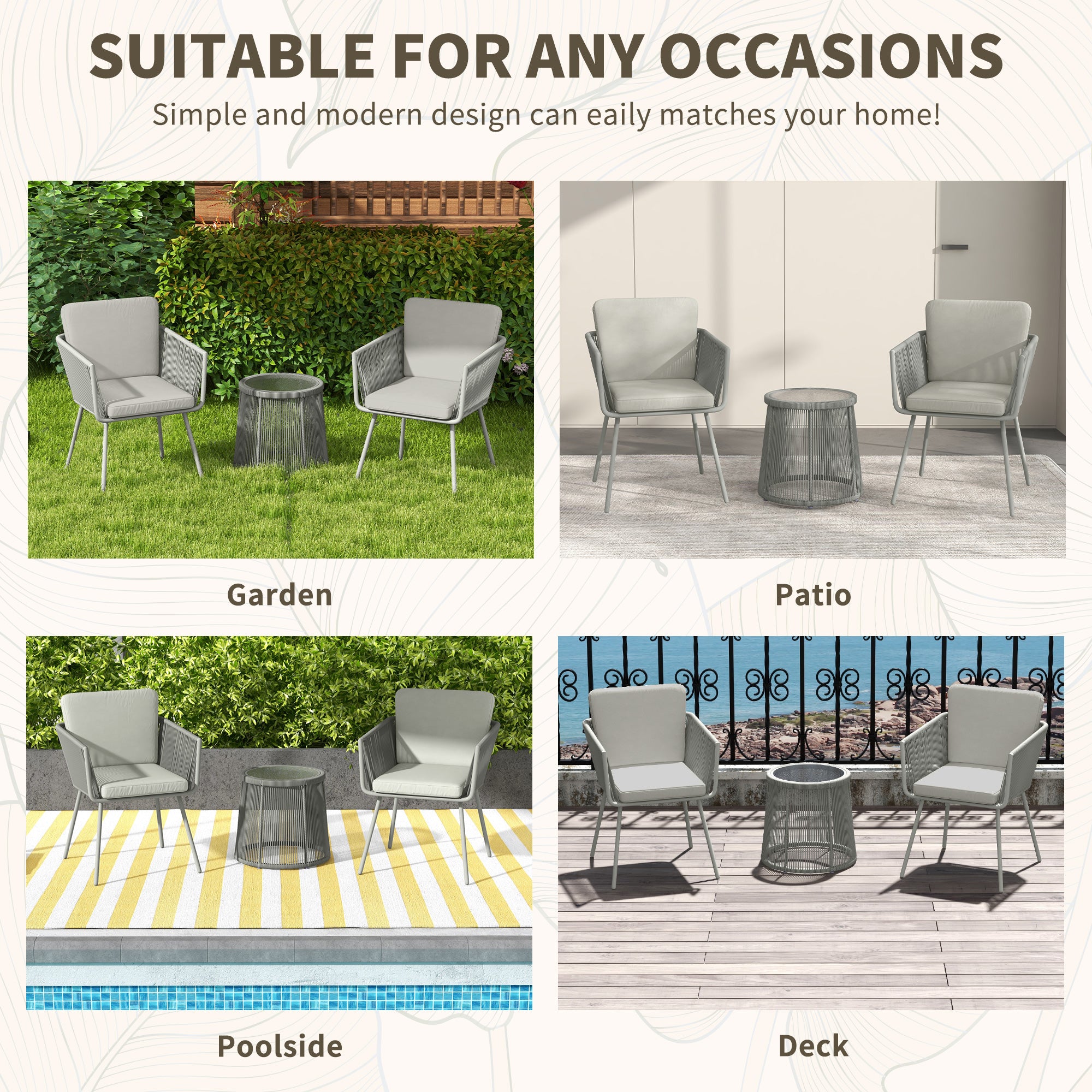 Outdoor Bistro Set, Wicker Rattan with Metal Legs, Light Grey, 3 Pieces-DECOROLALA