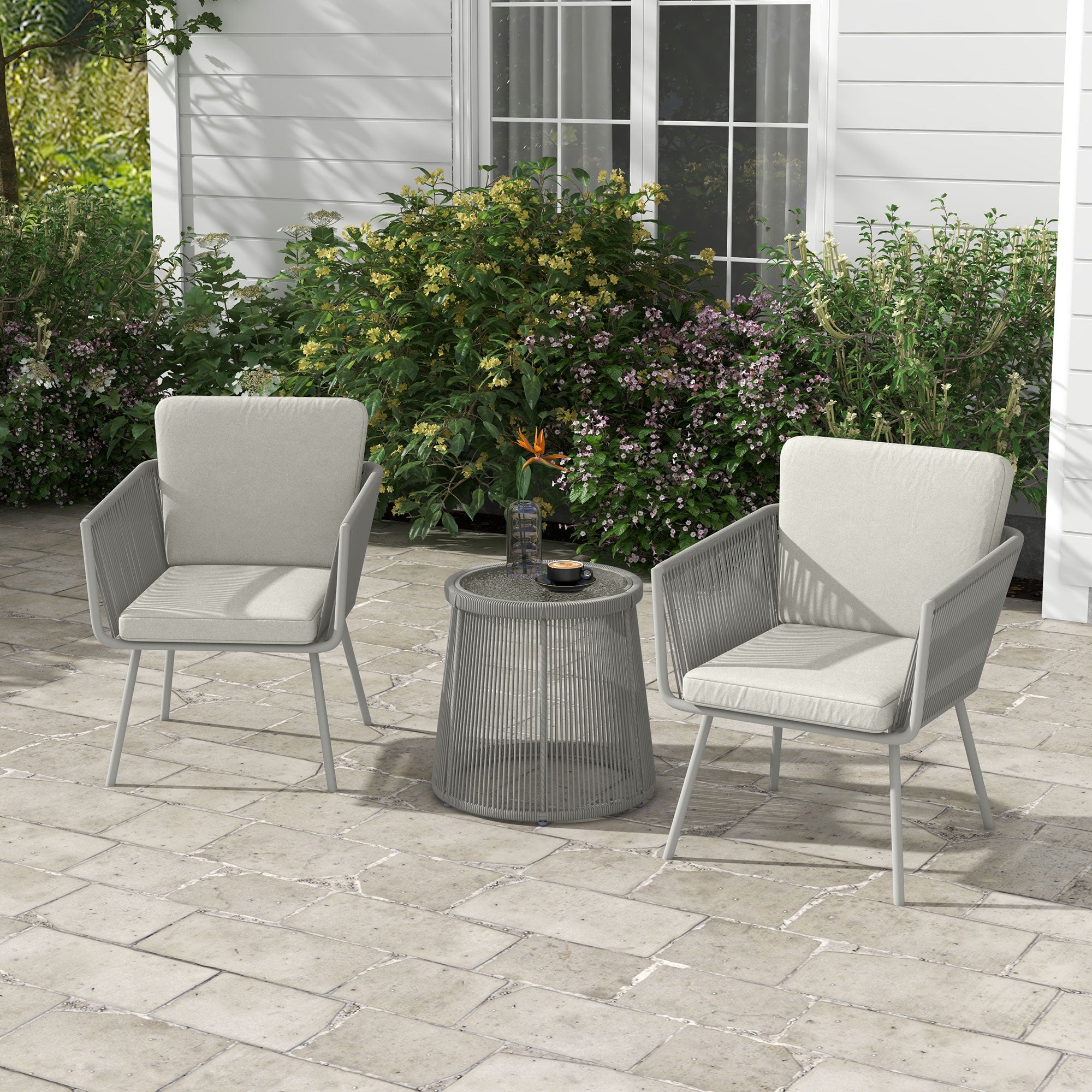 Outdoor Bistro Set, Wicker Rattan with Metal Legs, Light Grey, 3 Pieces-DECOROLALA