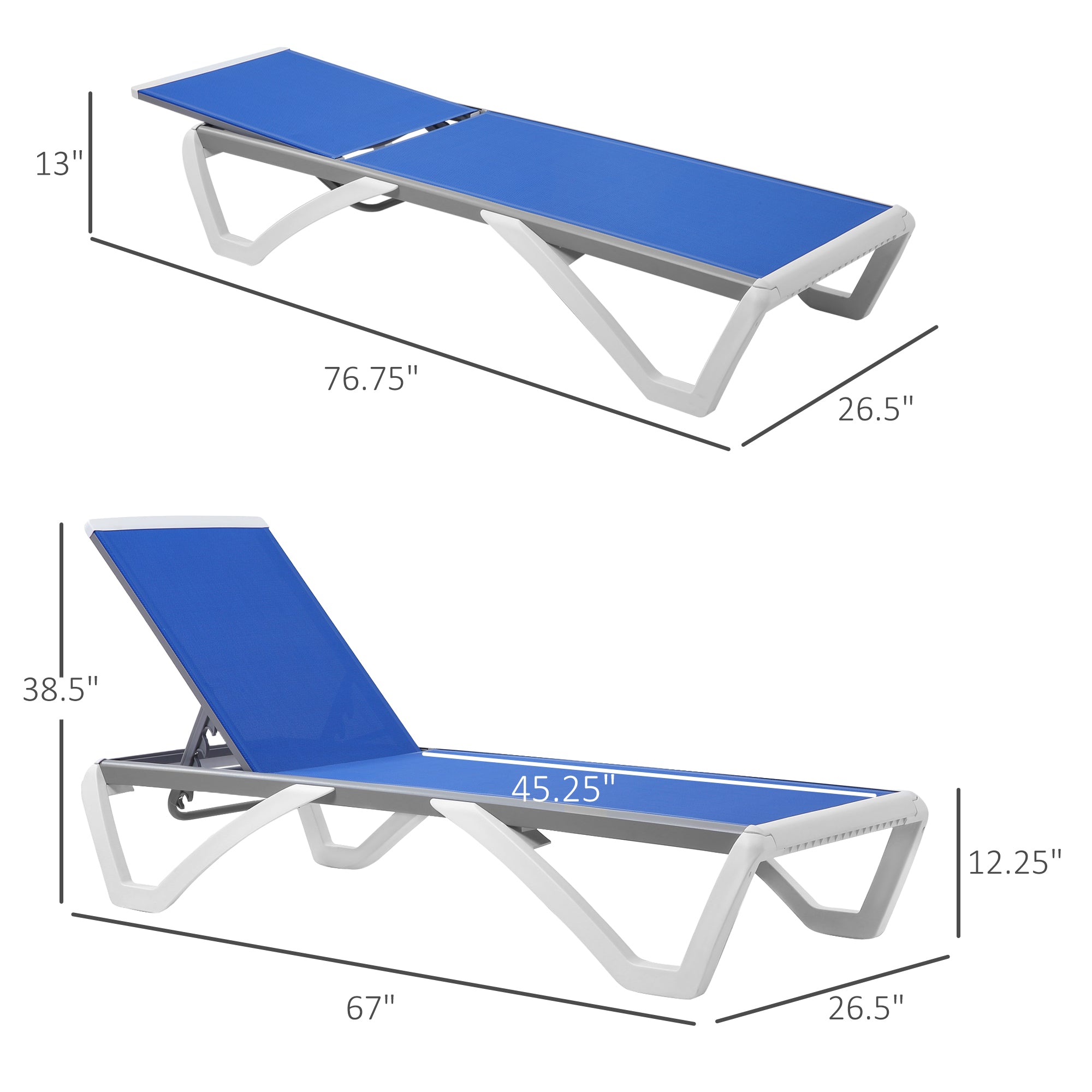 Outdoor Blue Chaise Lounge, Adjustable Back, Mesh Fabric, Patio Chair, Portable Wheels-DECOROLALA