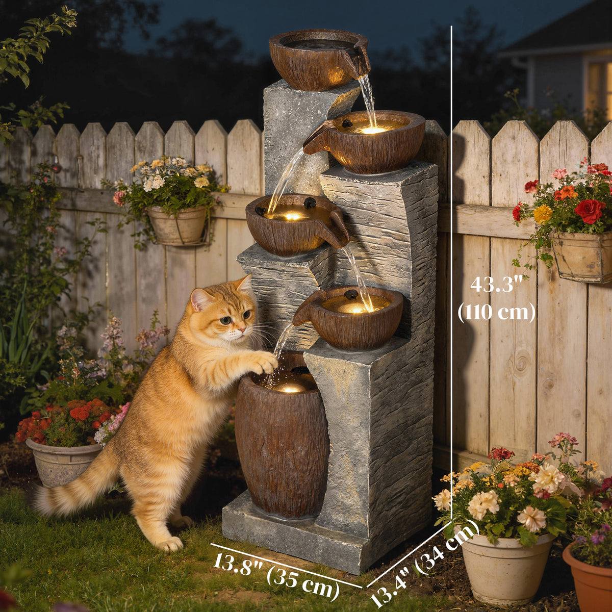 Outdoor Cascading Rock Water Fountain, 5-Tier Waterfall Feature with LED Lights, Adjustable Flow, Grey and Rustic Brown-Outdoor Fountains-DECOROLALA