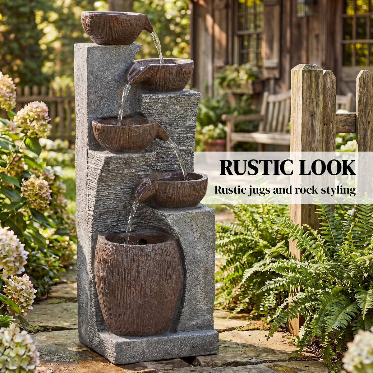Outdoor Cascading Rock Water Fountain, 5-Tier Waterfall Feature with LED Lights, Adjustable Flow, Grey and Rustic Brown-Outdoor Fountains-DECOROLALA