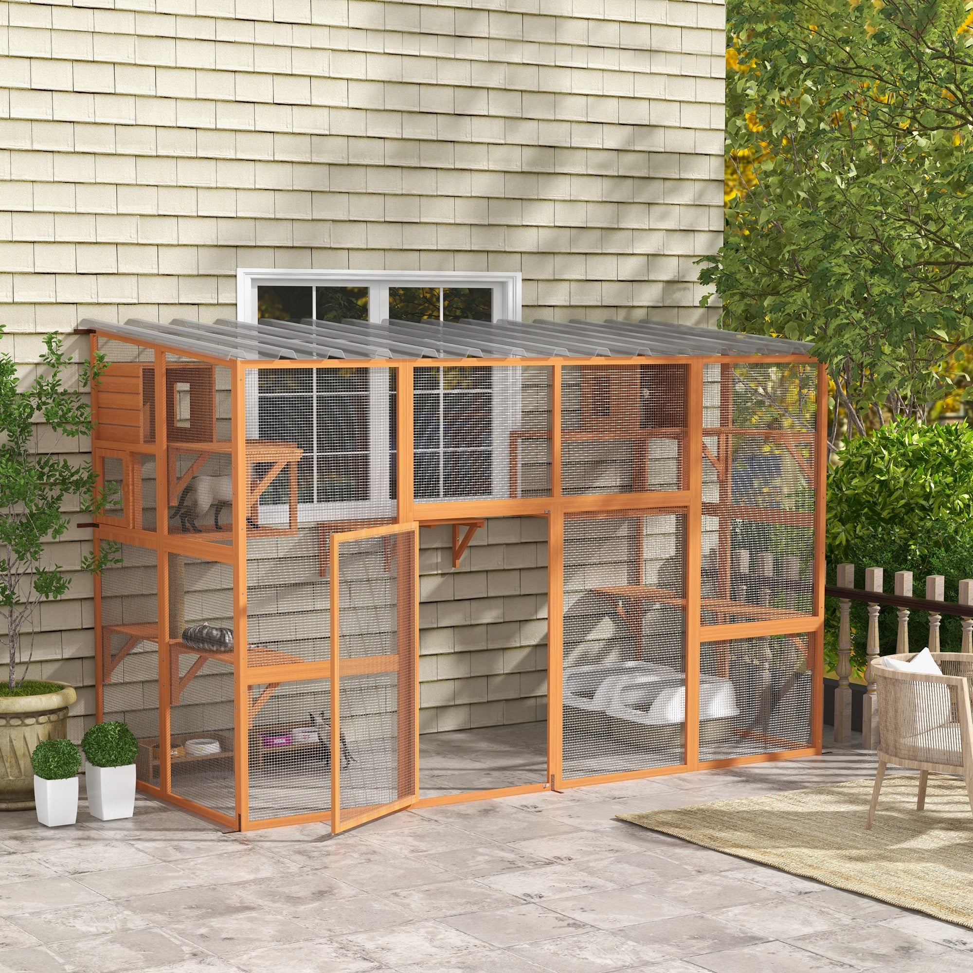 Outdoor Cat Catio Enclosure - Orange Fir Wood 118" W-DECOROLALA