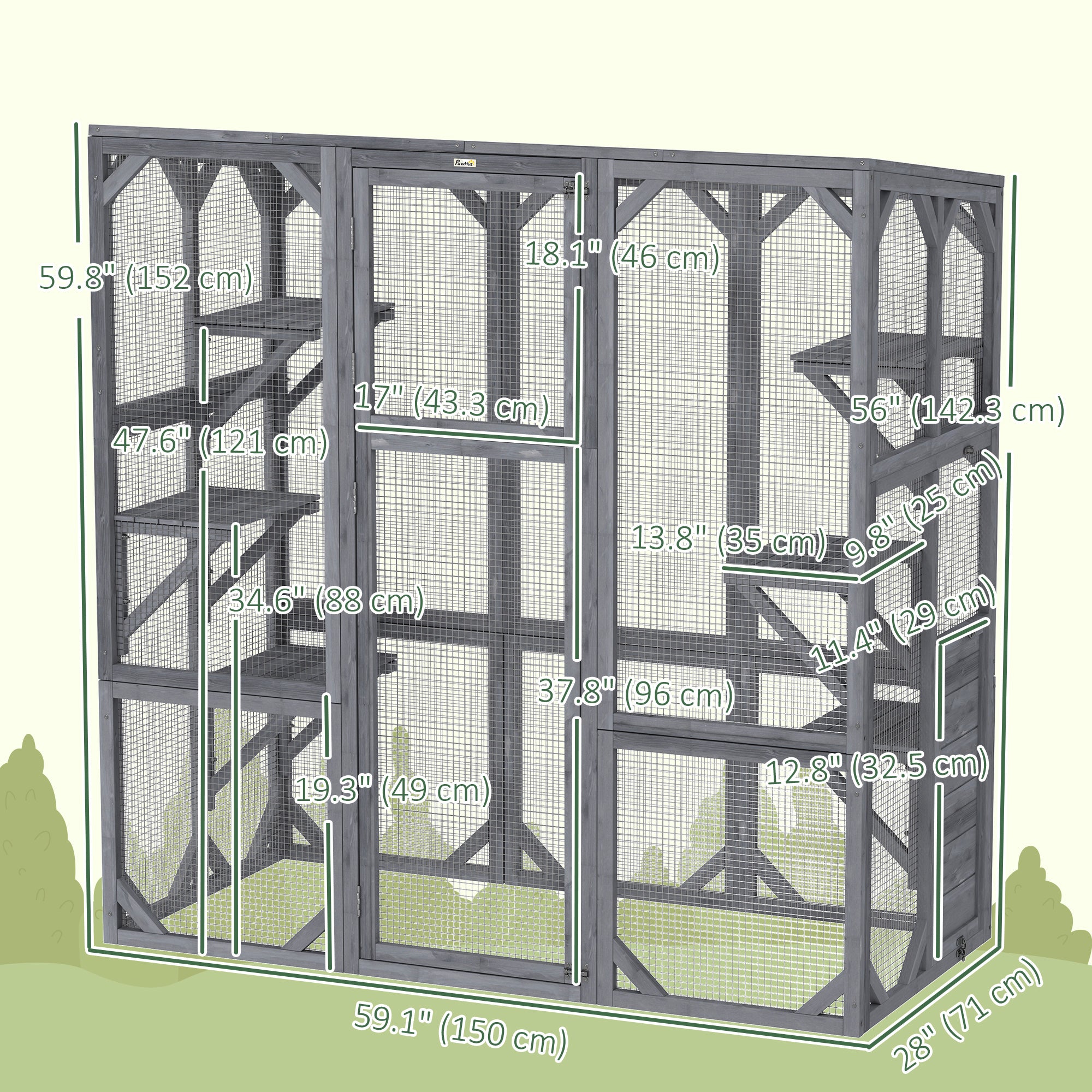 Outdoor Cat Enclosure - 6 Platforms, Grey, 59"x28"x60"-DECOROLALA