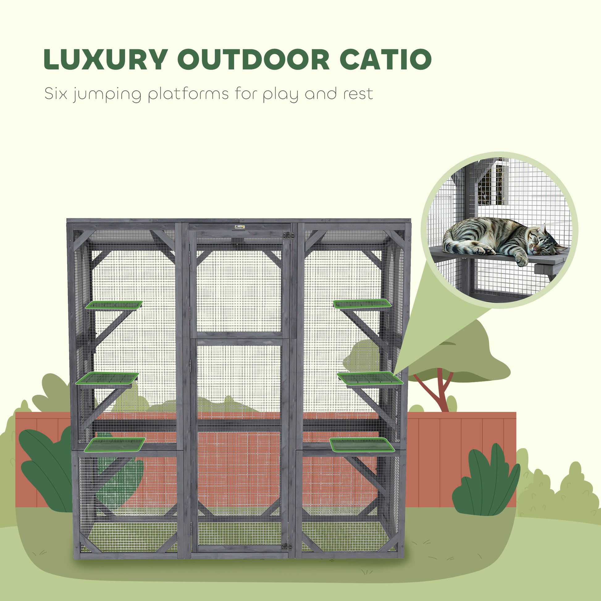 Outdoor Cat Enclosure - 6 Platforms, Grey, 59"x28"x60"-DECOROLALA