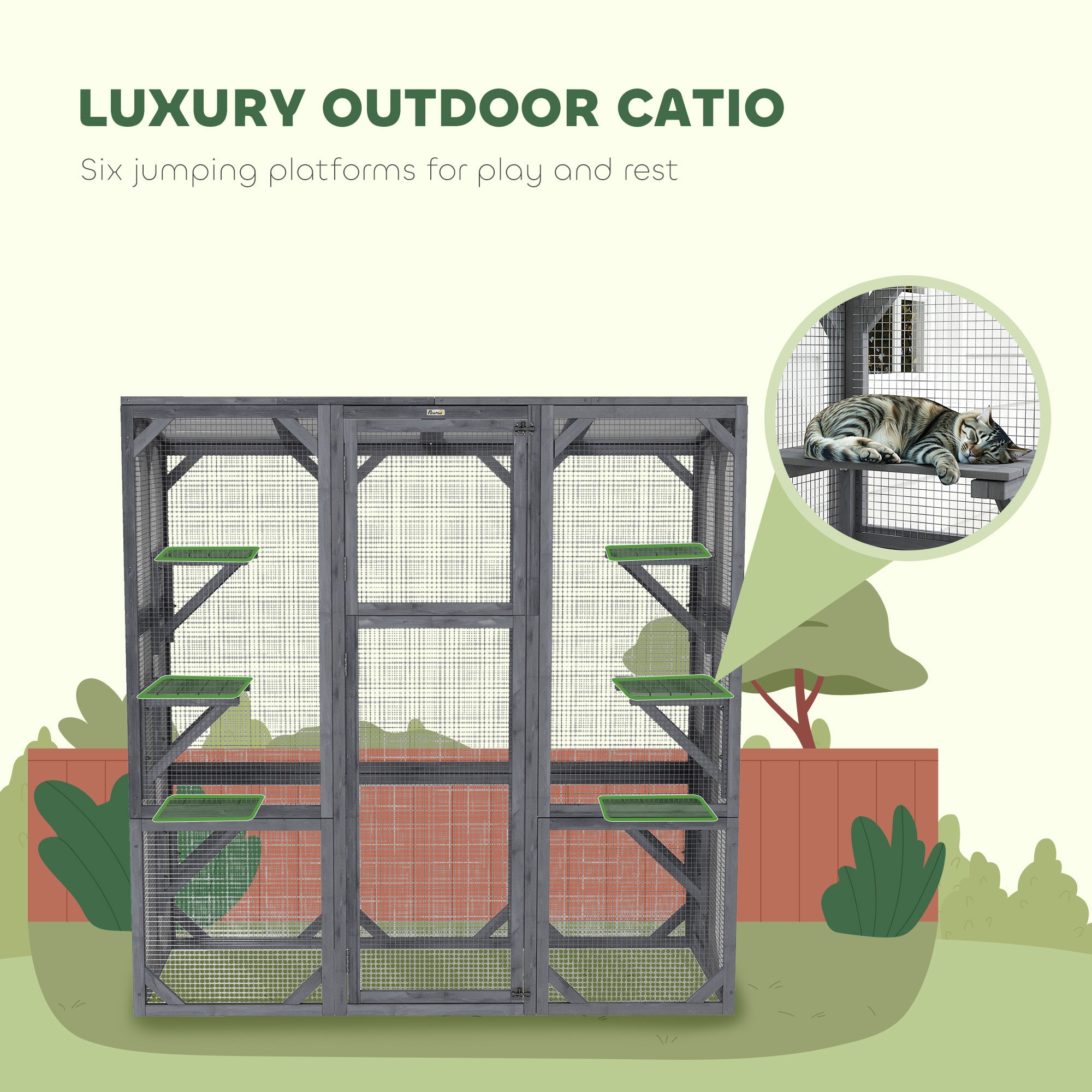 Outdoor Cat Enclosure - 6 Platforms, Grey, 59"x28"x60"-DECOROLALA