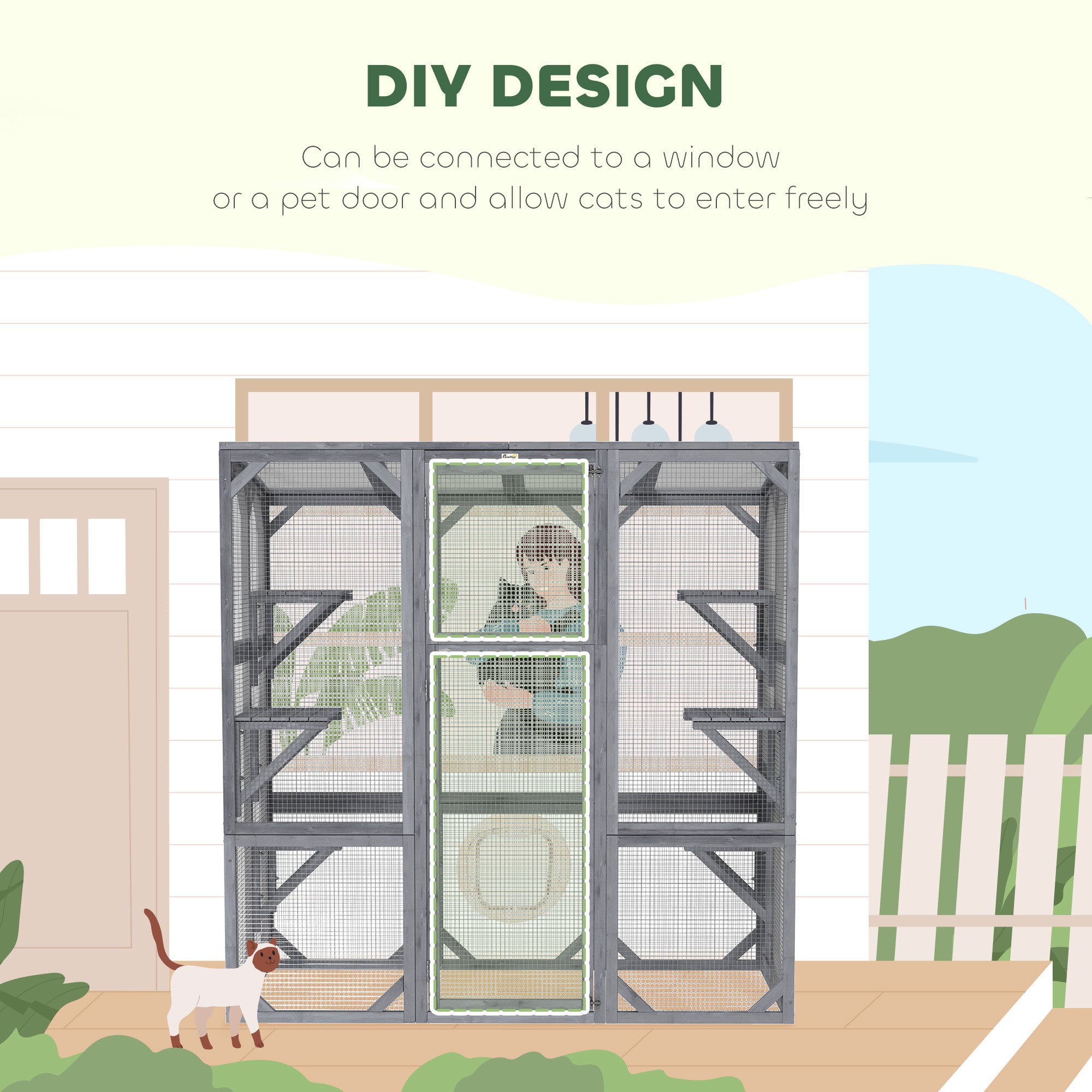 Outdoor Cat Enclosure - 6 Platforms, Grey, 59"x28"x60"-DECOROLALA