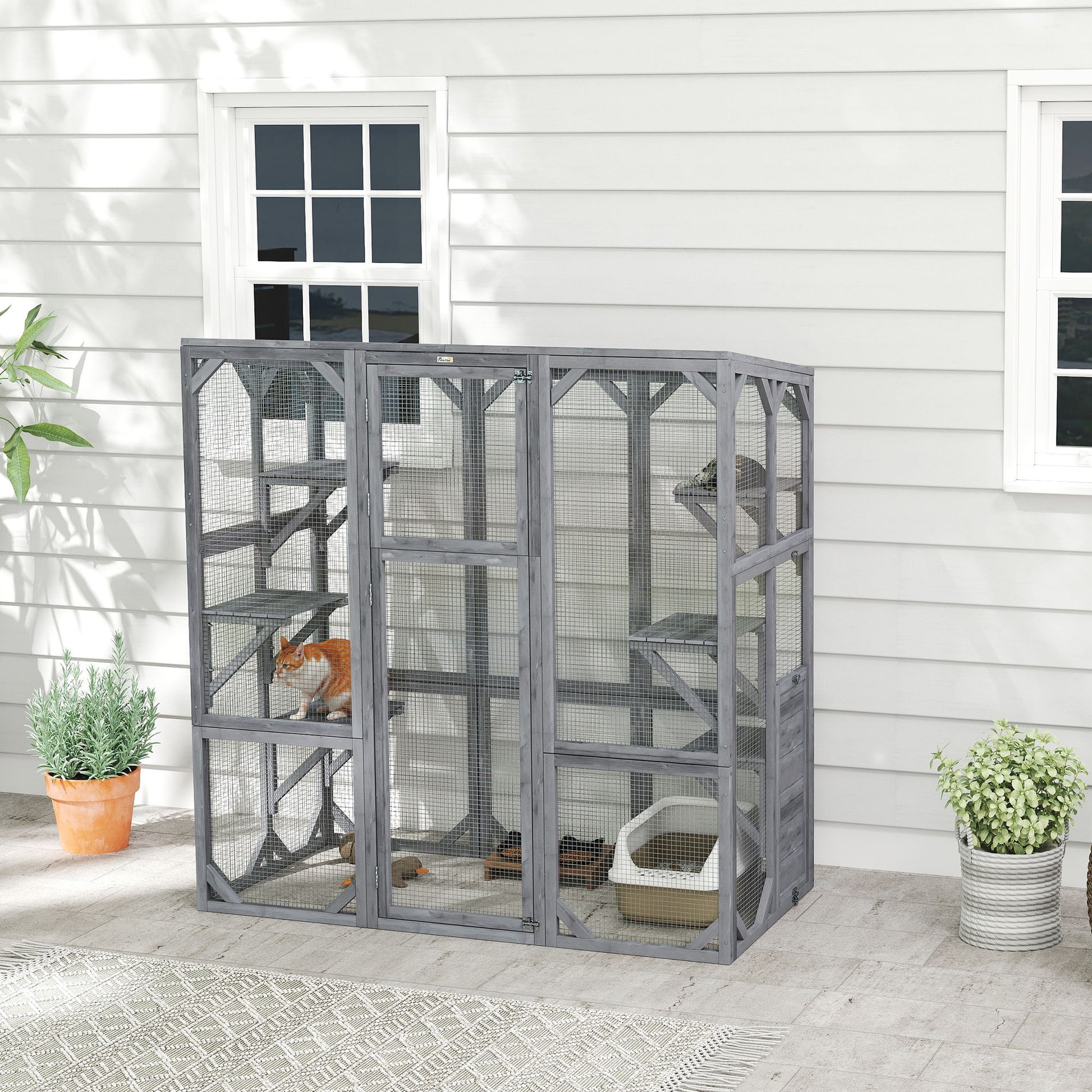 Outdoor Cat Enclosure - 6 Platforms, Grey, 59"x28"x60"-DECOROLALA